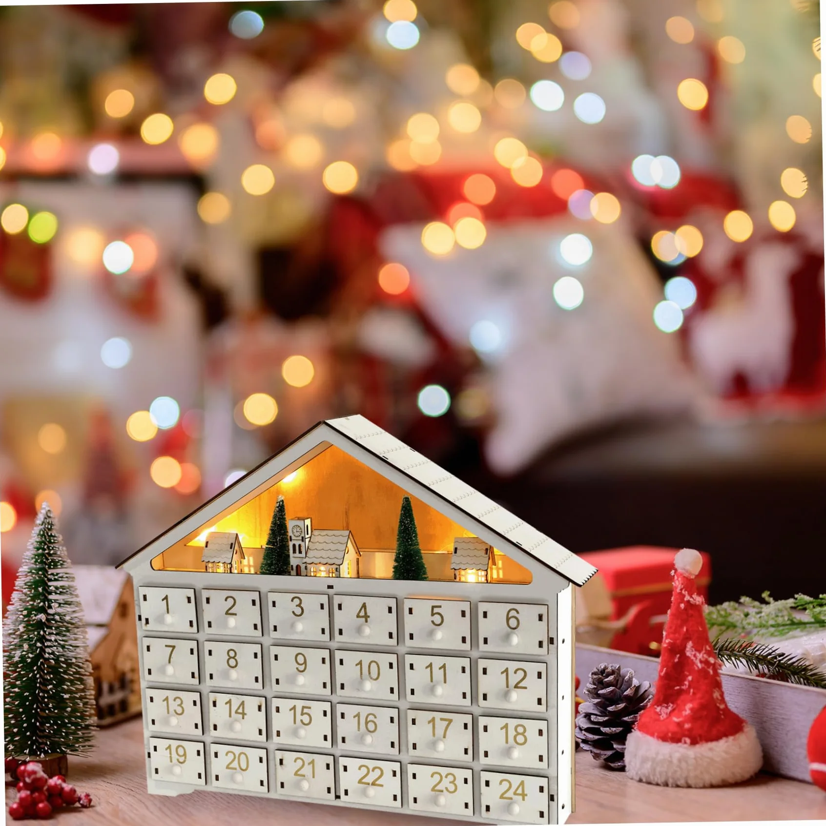 Calendario de Adviento de madera con 24 cajones y luces LED - Calendario de cuenta regresiva de Navidad vacío y reutilizable para llenar usted mismo (sin batería) - Adviento de bricolaje