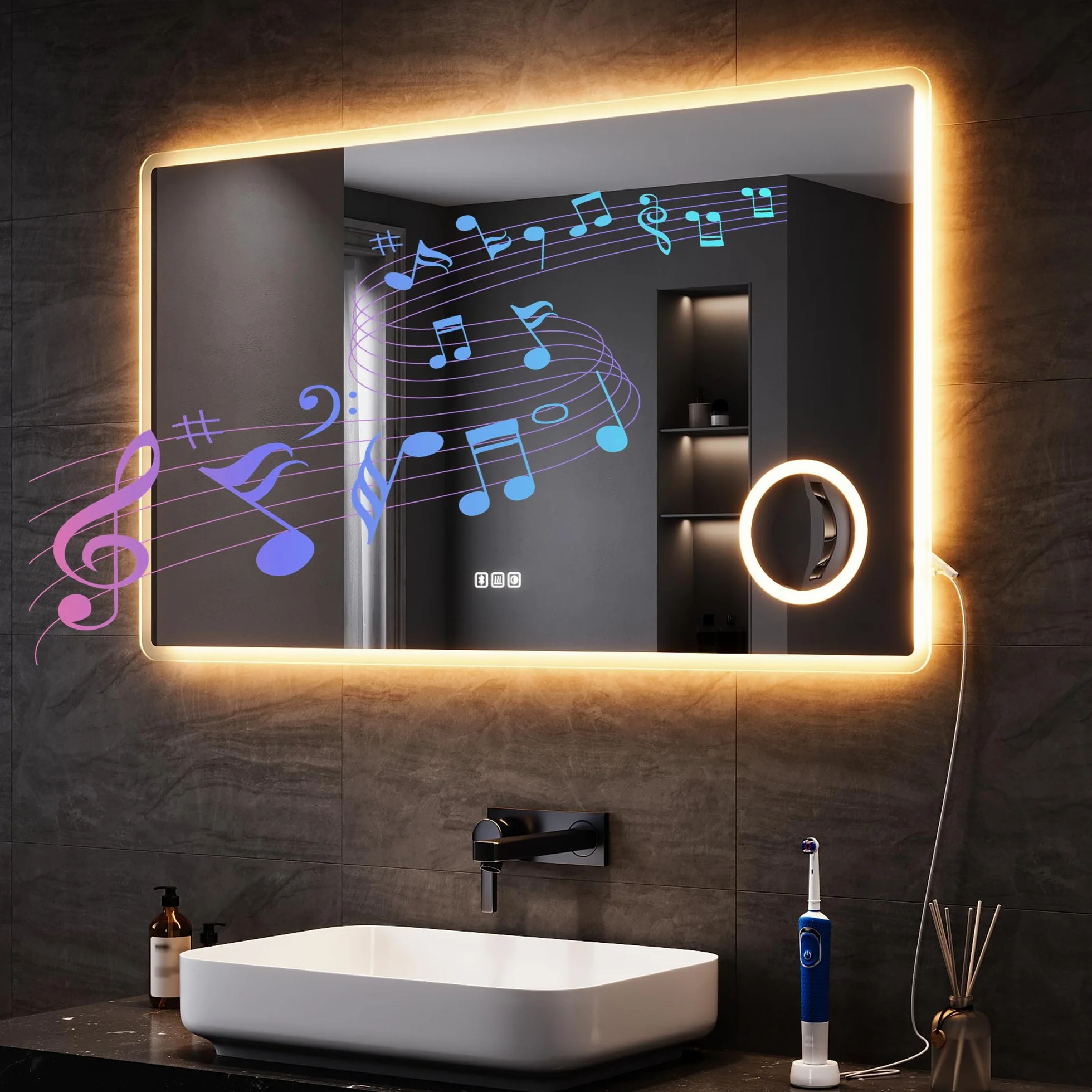 SONNI Espejo de baño LED con Bluetooth 100x60 cm, espejo de baño con iluminación y táctil, enchufe, 3 colores de luz, función antiempañamiento y de memoria, 3 aumentos