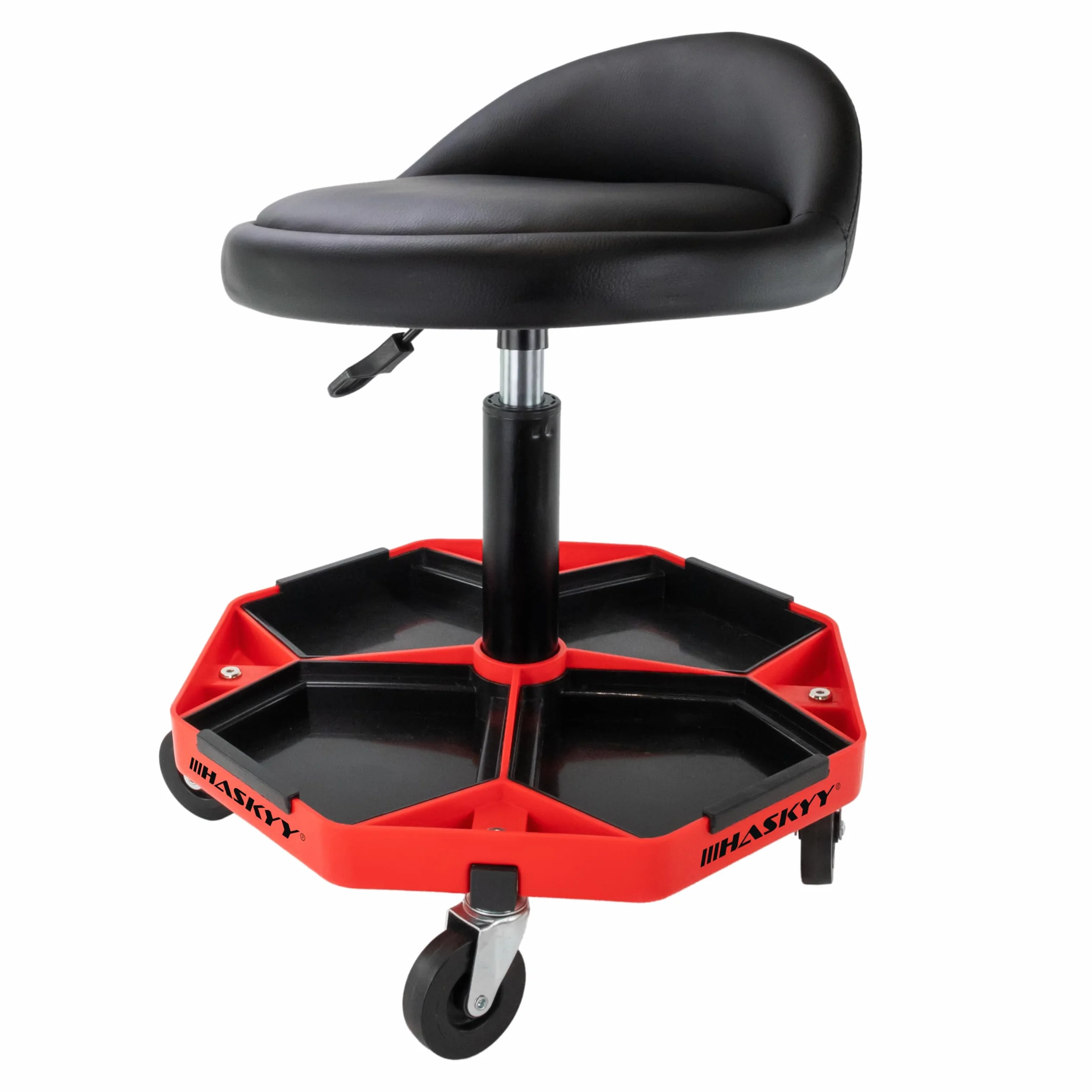 HASKYY Taburete de Taller con Respaldo, Altura Regulable de 43 a 58 cm, Taburete Giratorio para con Ruedas de 360 °, hasta 150 kg, Asiento de Taller con Compartimentos de Almacenamiento