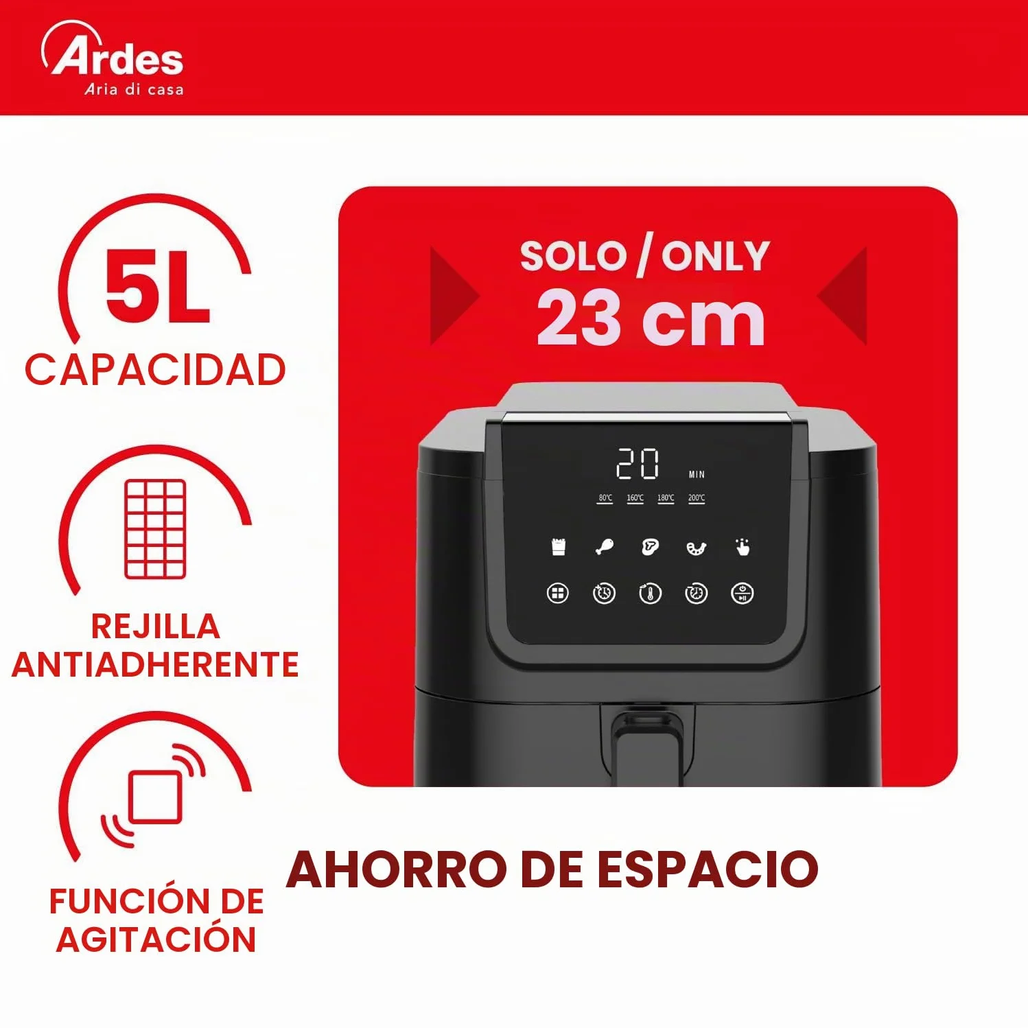 Ardes FRIGGISANA INFINITY 5L Freidora de Aire Slim XL 5L con Pantalla Digital Táctil, Temporizador 60’, 5 Programas y Cavidad Súper Profunda Antiadherente