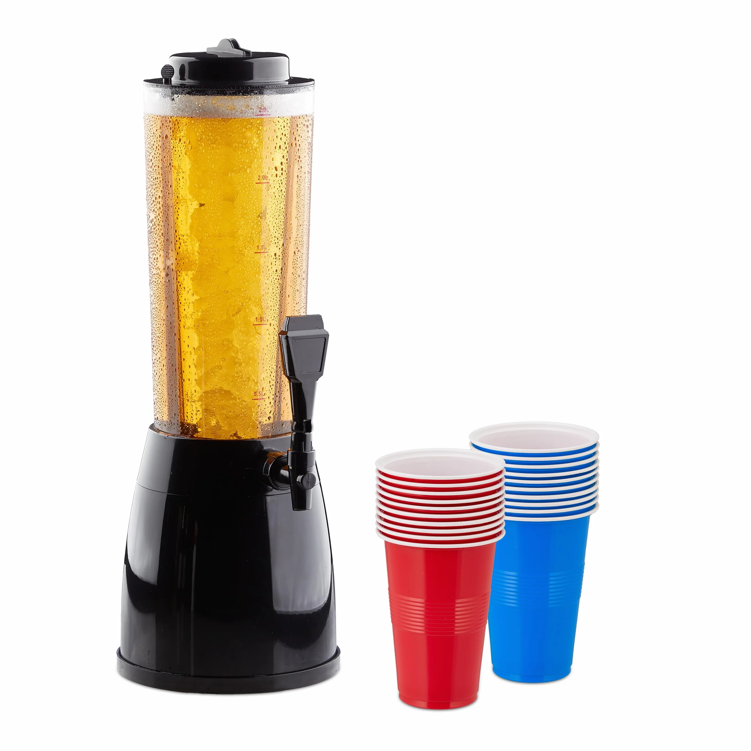 Relaxdays Dispensador de Cerveza con Recipiente para Hielo, Agua, Zumo, Bebidas, 2,5 l, 20 Vasos Beer Pong, Multicolor
