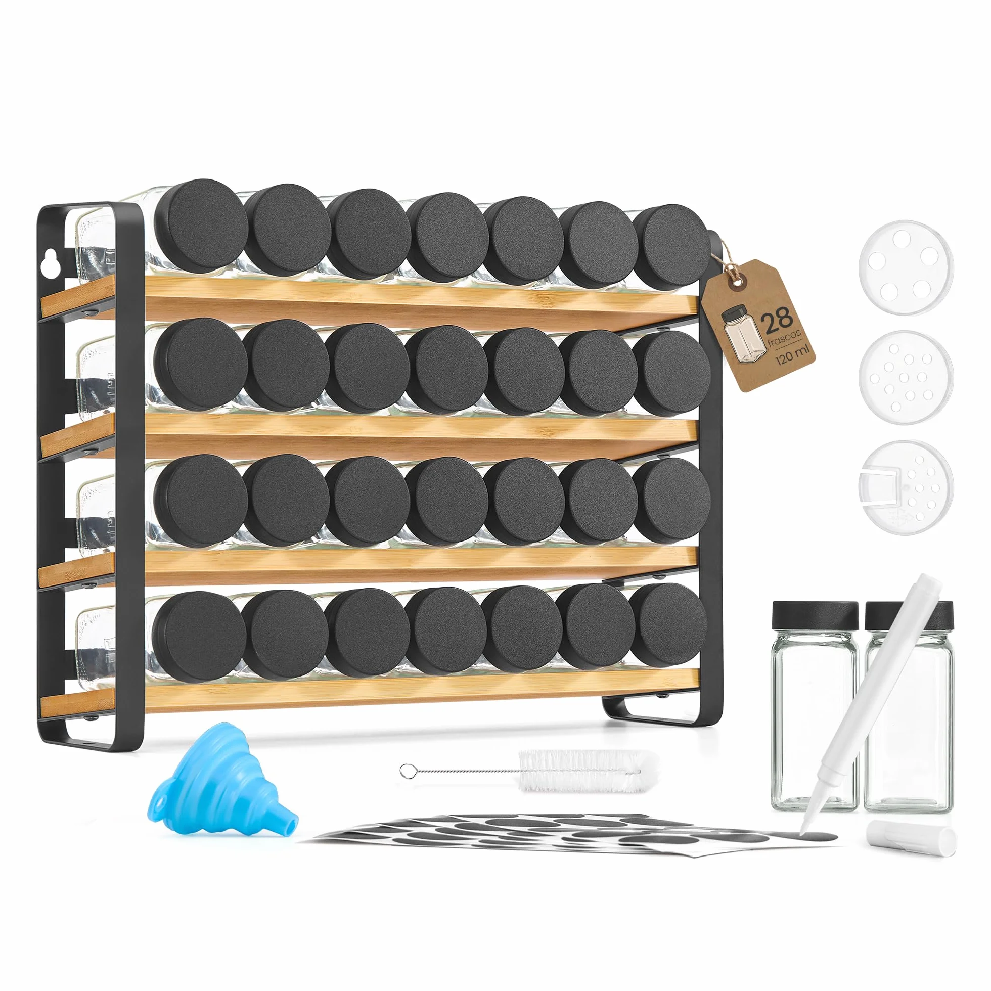 SONGMICS Especiero, Organizador de Especias de Bambú y Acero, Estante con 28 Botes de Cristal, 35 x 9 x 26 cm, Negro y Natural, para Pared y Encimera de Cocina Colección Bystro KCS064B101