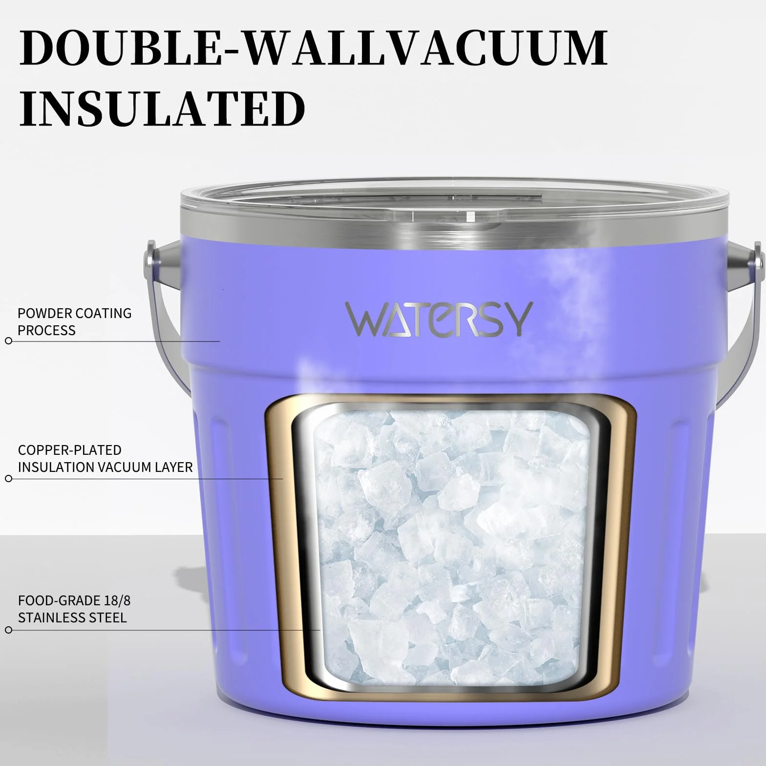 WATERSY de 7.6 L Cubitera con Tapa y Asa, Cubitera para Hielo Reutilizable Acero Inoxidable de Doble con Pinzas y Pala, para Cócteles, Whisky, Cerveza, Bares (Morado)