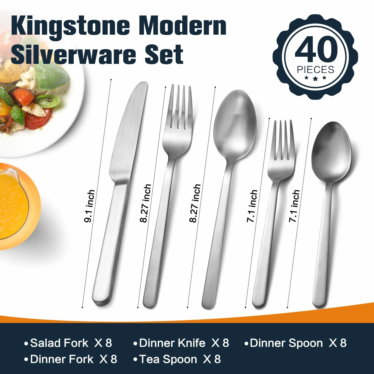 KINGSTONE Juego de cubiertos forjados, juego de cubiertos mate para 8, cubiertos de acero inoxidable 18/10, acabado satinado mate para el hogar, restaurante, boda, fiesta (plata mate)