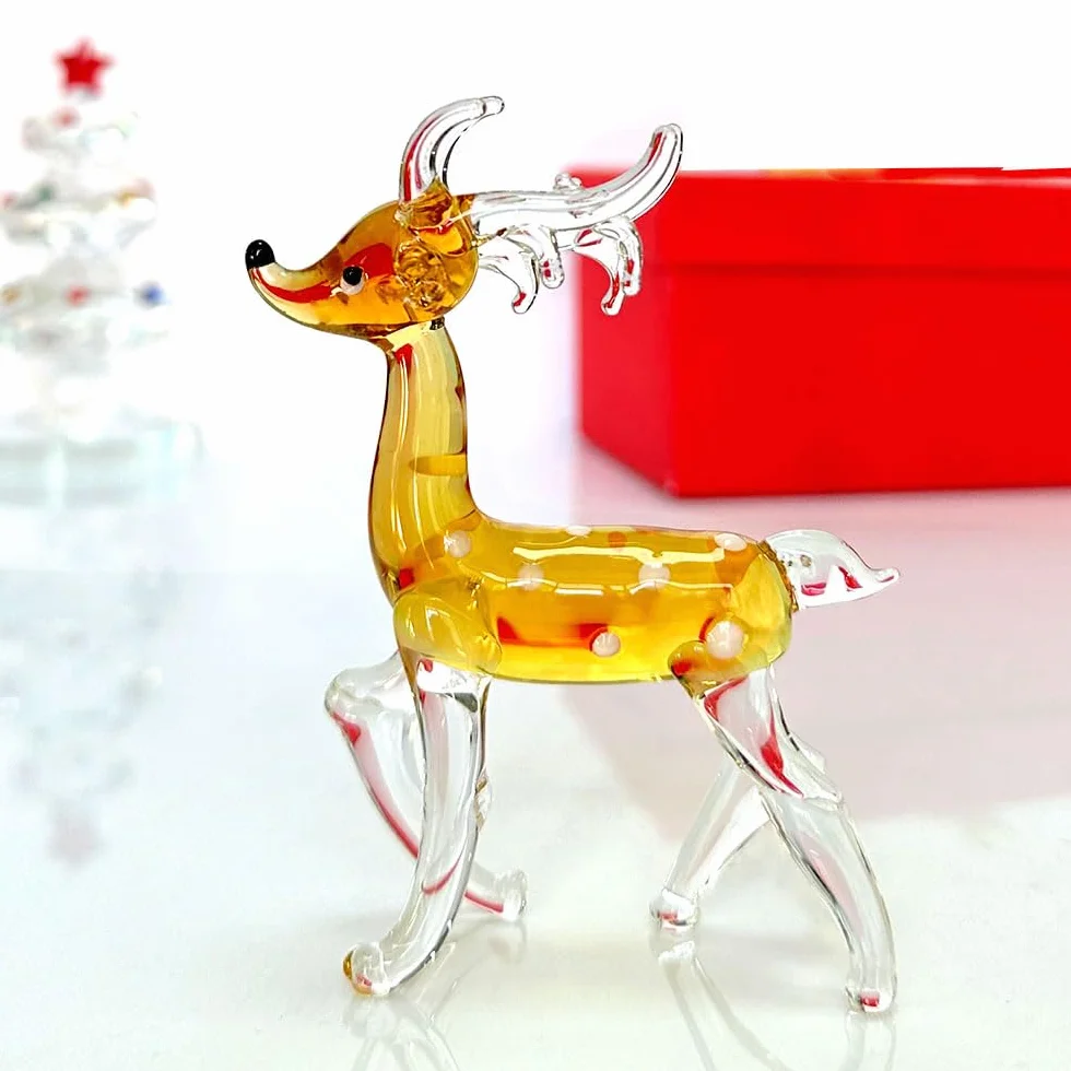 Figura de Ciervo de Cristal Dorado Hecho a Mano, Miniatura de Vidrio Soplado, Decoración Coleccionable
