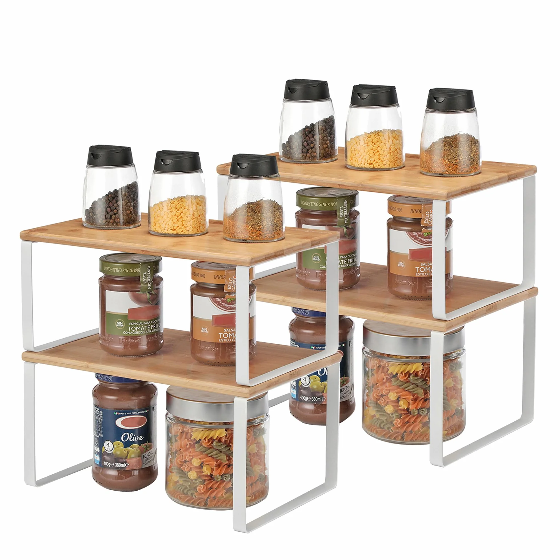 SONGMICS Organizadores de Cocina Juego de 4 Estantes Apilables Expandibles Metal y Madera Blanco Natural