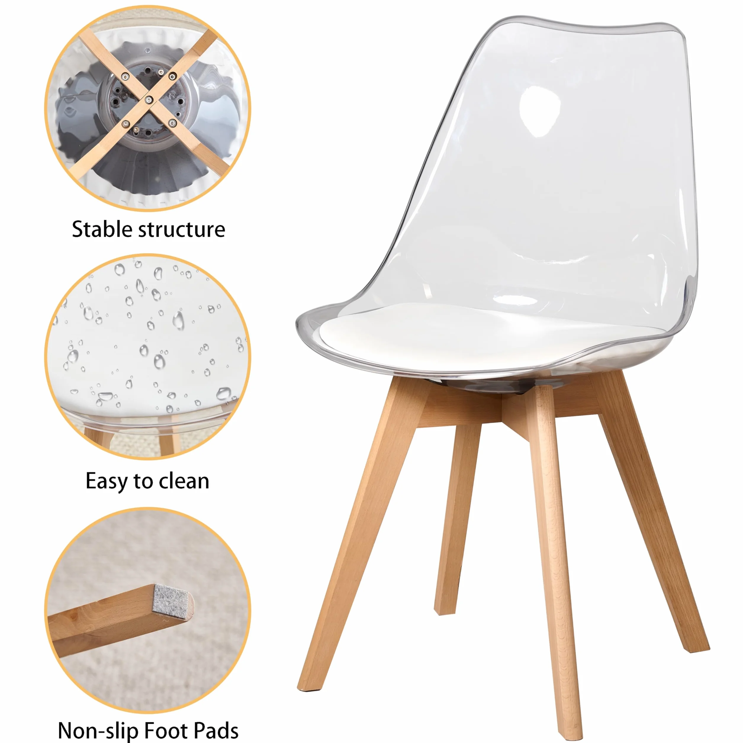 GrandCA HOME Transparente Sillas de Comedor Tapizadas en Tela,Nordicas Sillas Pack 4 para Cocina Comedor Dormitorio (Pack 4, Blanco/Cuero)