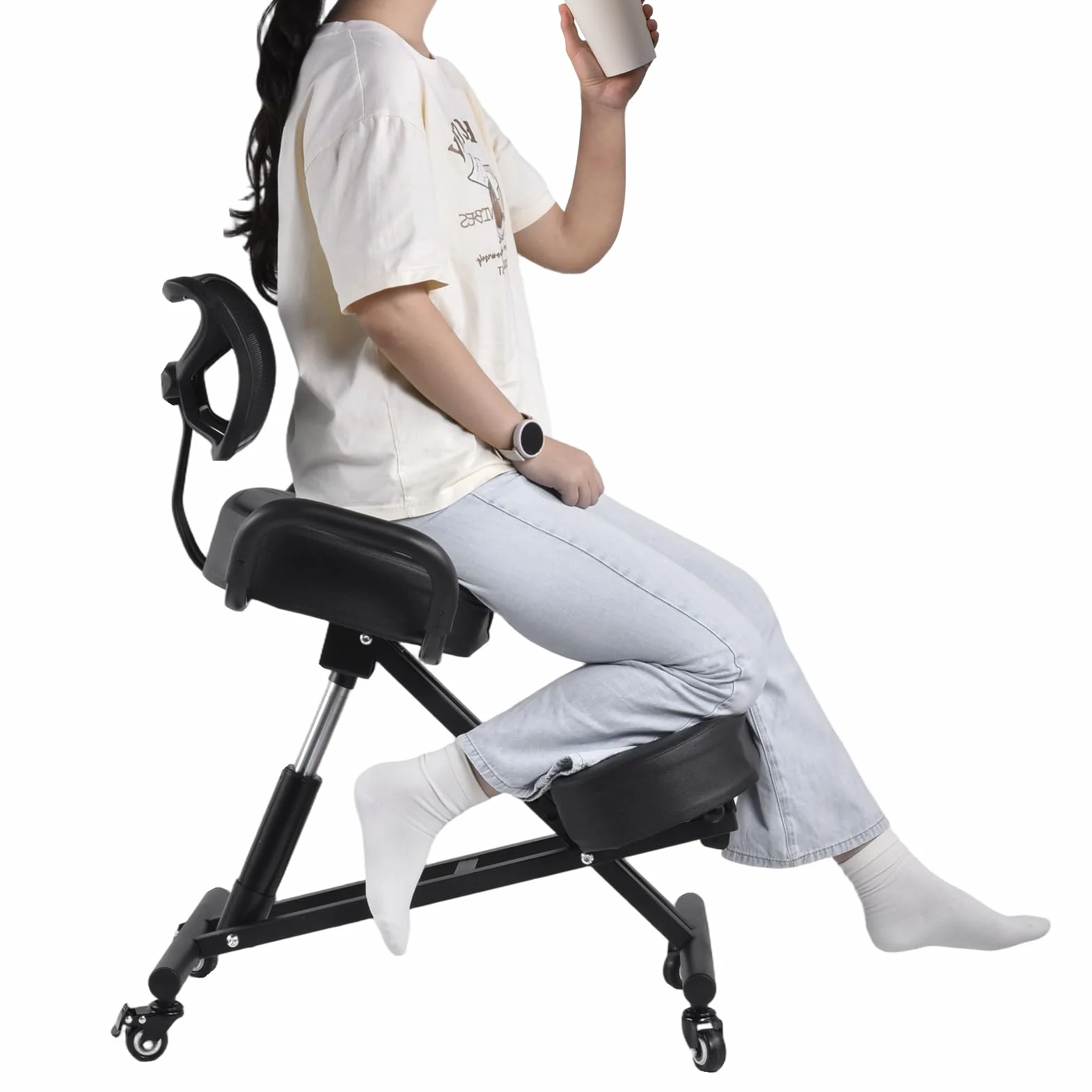 Silla ergonómica con Respaldo | Altura Regulable 57 – 67 cm & Acolchado de Malla Transpirable | 4 Patas y Asiento Estable 100 kg Taburete para Oficina, Dibujo y cosméticos
