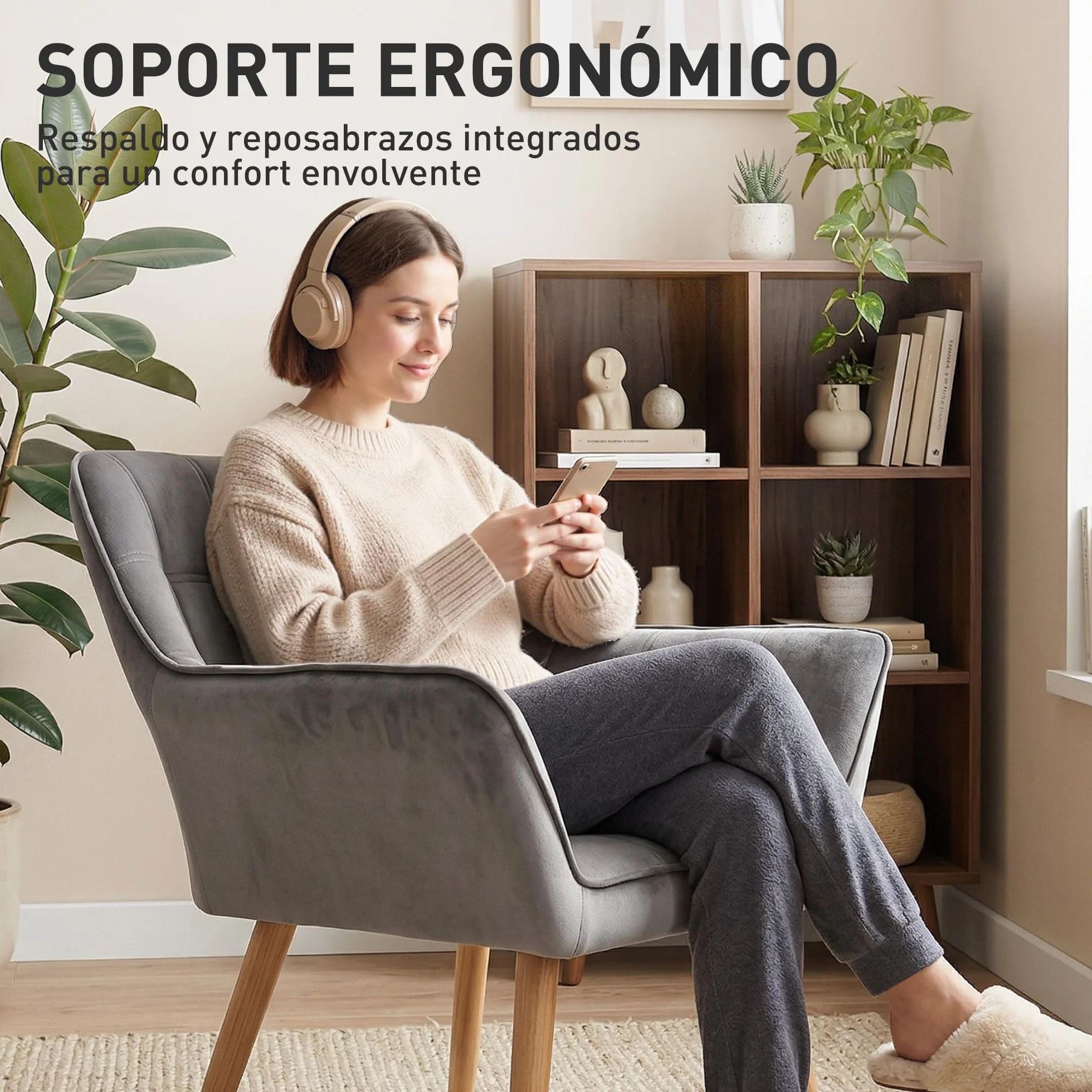 HOMCOM Butaca de Salón Moderna, Sillón Lectura Tapizado en Terciopelo con Patas de Madera, Fácil Montaje, Sillón Relax para Sala de Estar, Dormitorio y Balcón, Gris