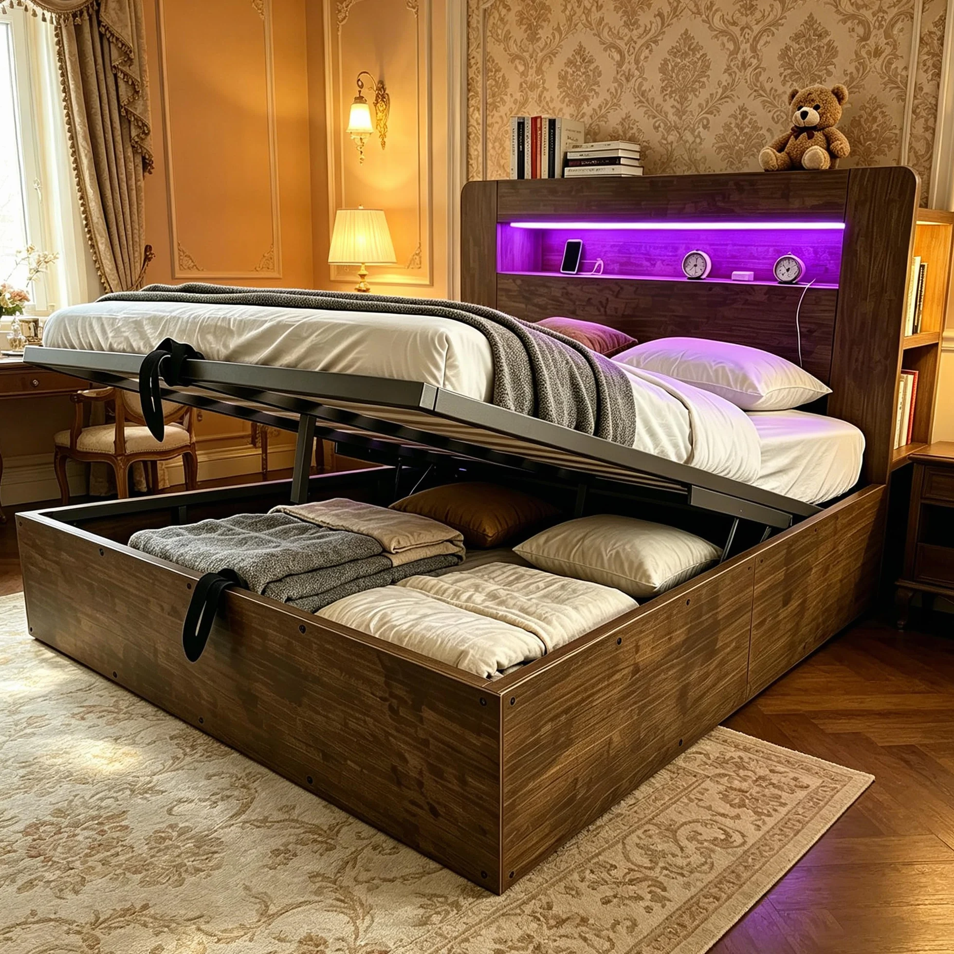 Camas Juveniles Cama 140x200 cm con Enchufe y USB, Camas Matrimoniales con LED y Cabecero de Almacenaje, Cama Doble con Almacenamiento Hidráulico, Somier de Madera, Sin Colchón, Madera Vintage