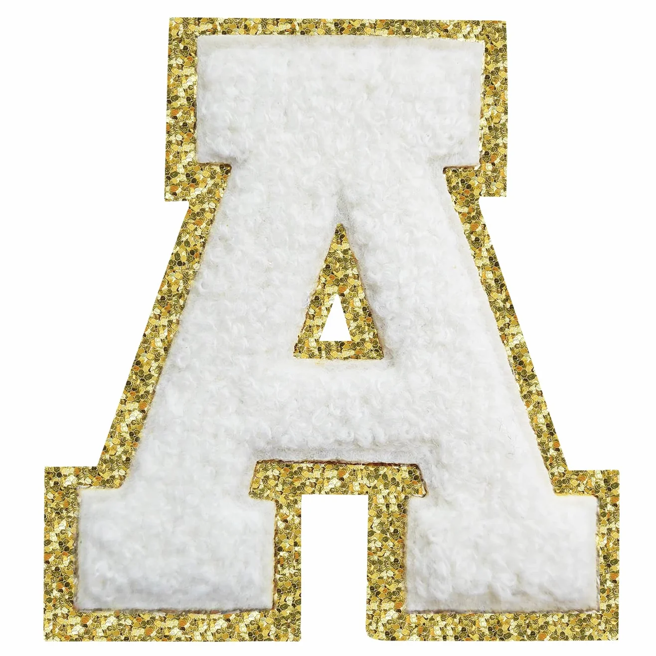 Parches de letras termoadhesivas de felpilla para chaquetas, parches de letras universitarias, parches de letras con purpurina, letras blancas A