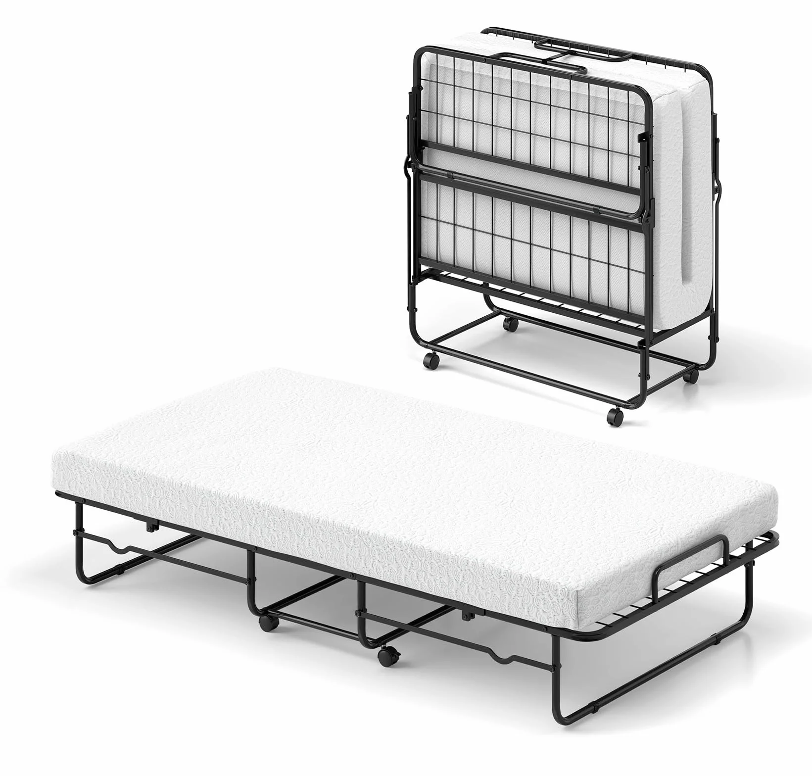 GIANTEX Cama Individual Plegable con Colchón 90 x 190 cm, Espuma Viscoelástica y Marco de Metal, 4 Ruedas, Carga hasta 220 kg, Cama Supletoria Portátil para Hotel, Viaje