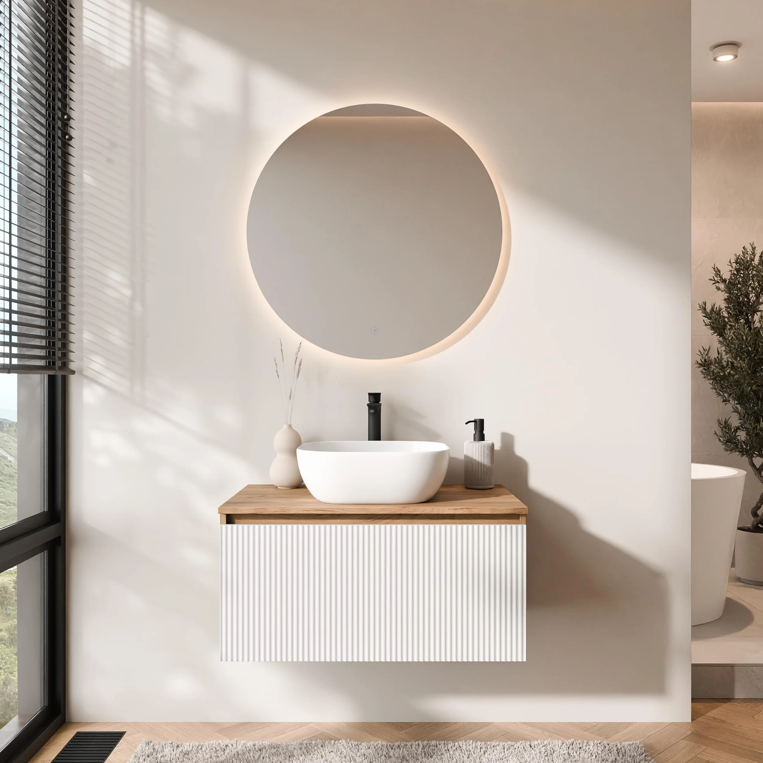 Planetmöbel Arisa Conjunto de muebles de baño 80 cm roble dorado blanco acanalado espejo NOVA lavabo 42 cm Blanco