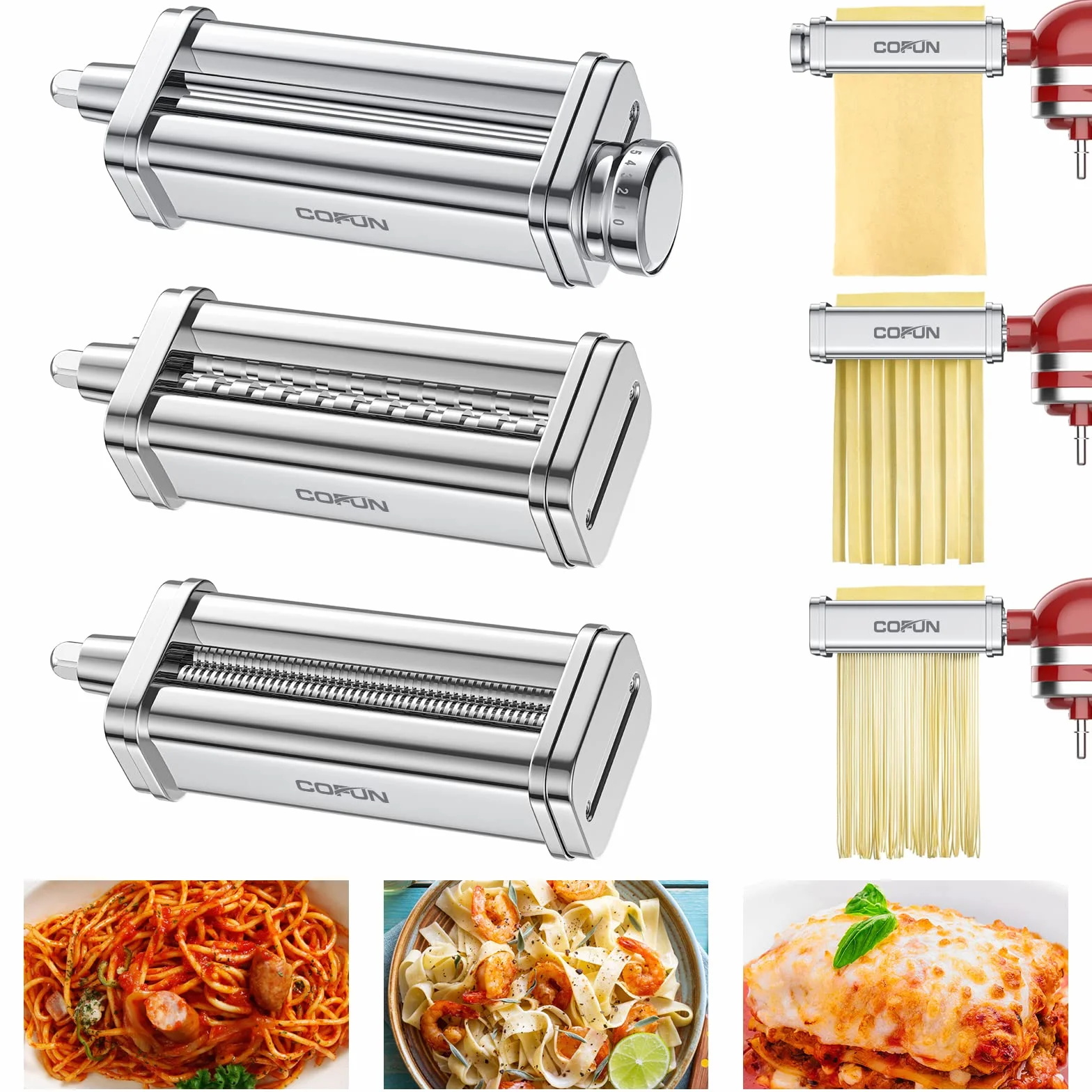 Accesorio para Pasta para KitchenAid Robot de Cocina, Accesorios de la máquina 3 en 1 de para Kitchenaid Pasta, COFUN Rodillo para Hojas de Pasta Cortador de Espaguetis Cortador de Fettuccinea
