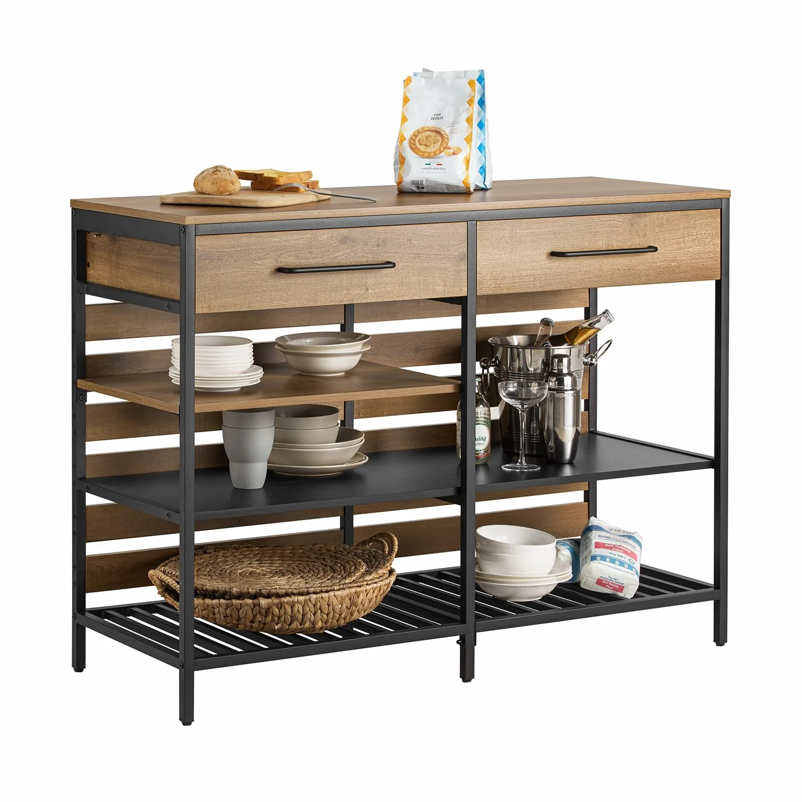 SoBuy Aparador de Cocina Industrial con Estantes Abiertos y Botellero Mueble de Cocina con Espacio para Microondas Mueble Auxiliar de Almacenaje para Salón Comedor Entrada 120x91x45cm Marrón FSB85-PF
