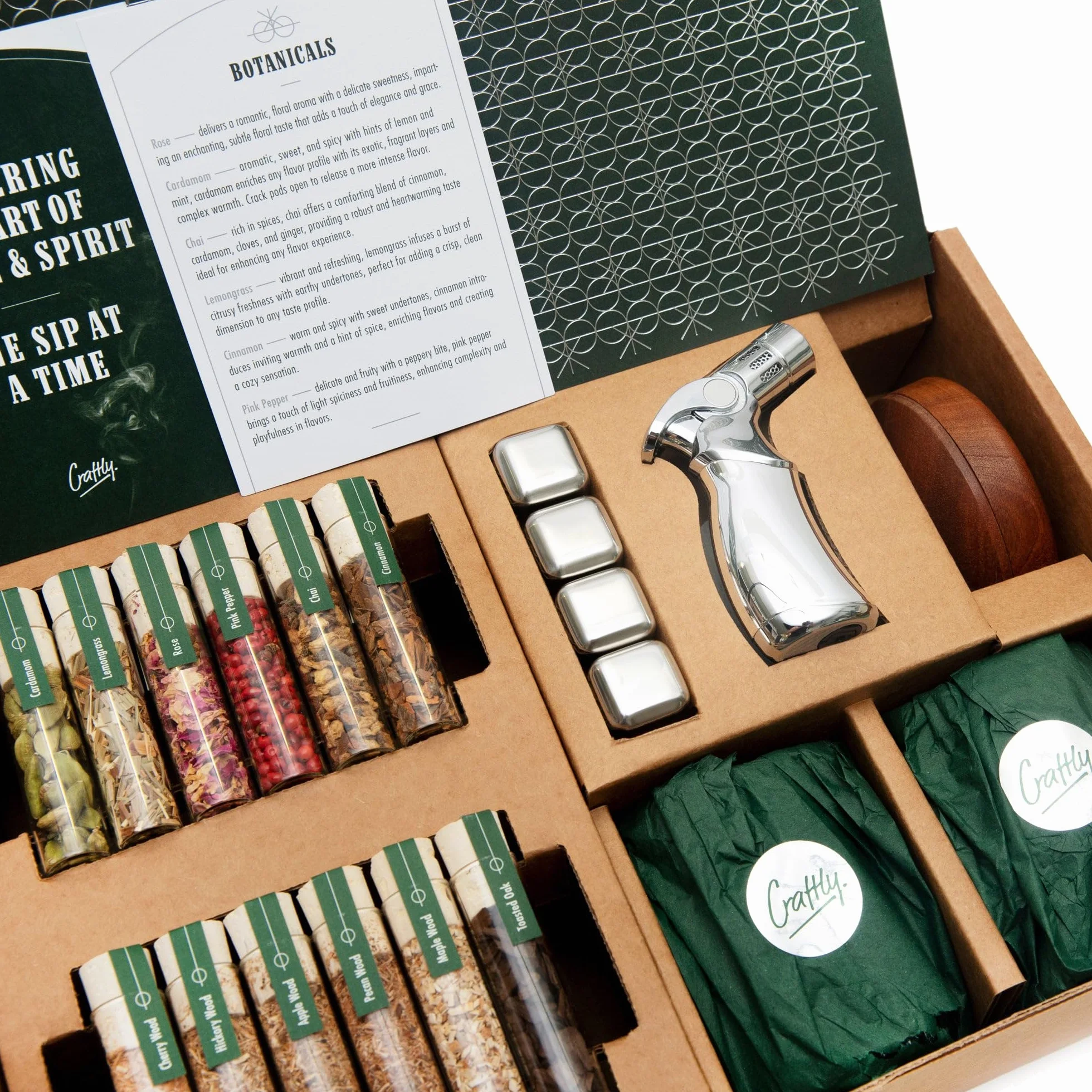 Kit de ahumador de whisky y cóctel, kit de madera y ahumado botánico de primera calidad, incluye 6 chips de madera, 6 botánicos, 2 vasos, piedras de whisky, antorcha y chimenea, regalo único para