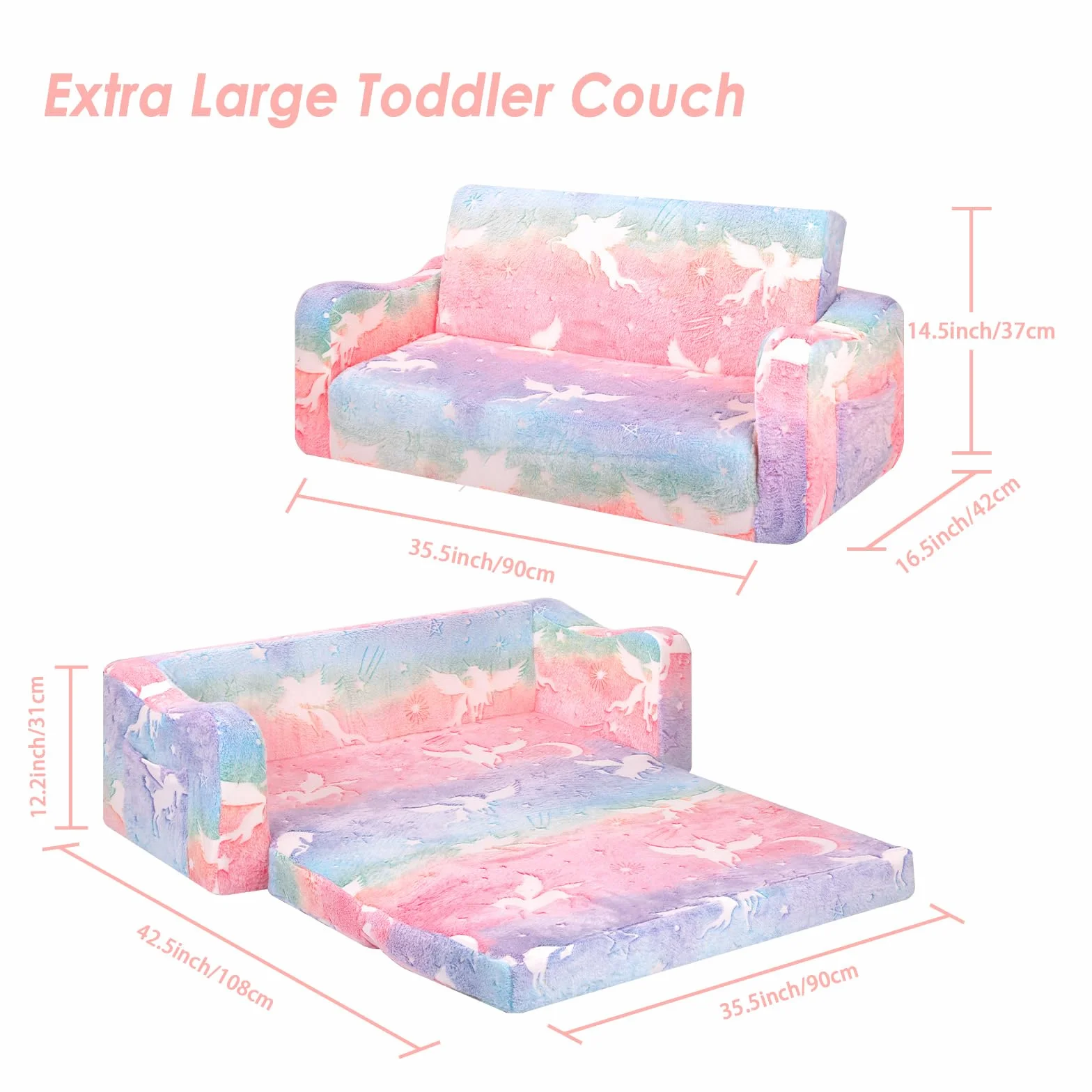 Convertible Sofa para Niños 2 en 1, Plegable Sofa Infantil Brilla en la Oscuridad para Niñas y Niños, Estable Silla Niño 2 Plazas para Dormitorio Sala de Juegos,Unicornios