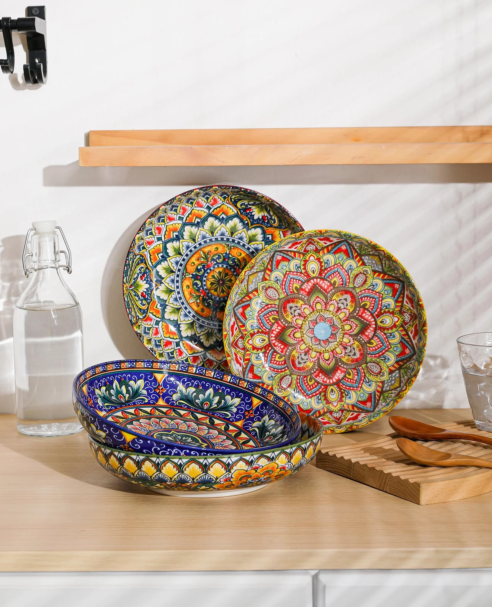 Henten Home Juego de platos hondos de pasta, 4 platos hondos de colores, 1000 ml, cuencos multiusos para sopa, fideos, espaguetis, pasta, ensalada, serie Mylo, estilo boho