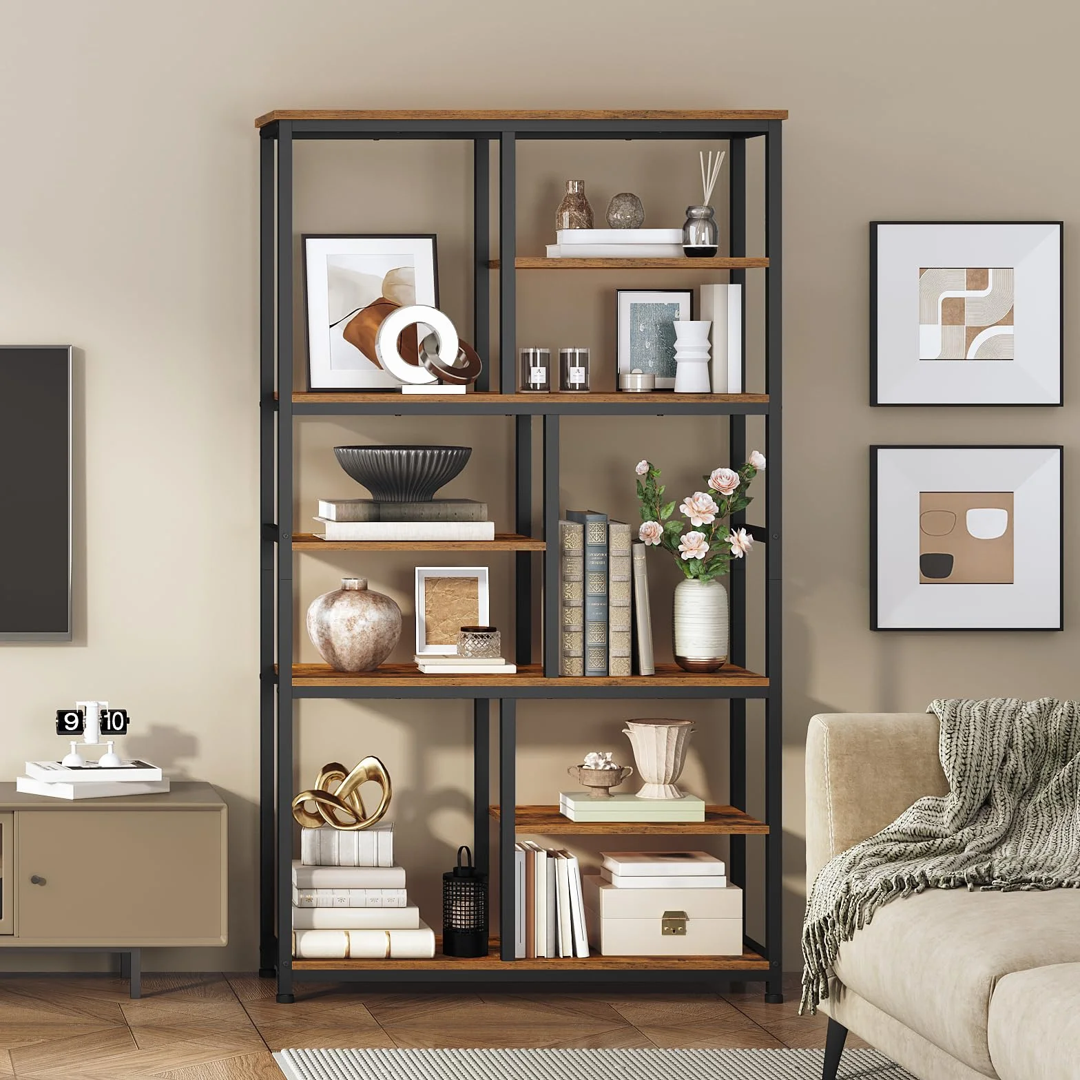 HOOBRO Librería de 7 Niveles, Estantería Abierta con 4 Patas Ajustables, Librería de Aglomerado y Estructura Metálica, para Salón y Despacho, 100 x 28 x 180 cm, Marrón Vintage y Negro EBF06SJ01