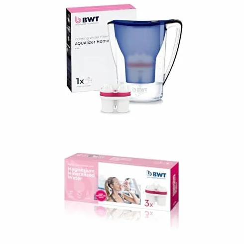 Bundle | BWT Jarra Filtradora de Agua Aqualizer Azul 2,7L | Reduce Cal, Cloro e Impurezas y Enriquece con Magnesio – incl. 4 Cartucho MAGNESIO | Hasta dureza de 14,9 °dH