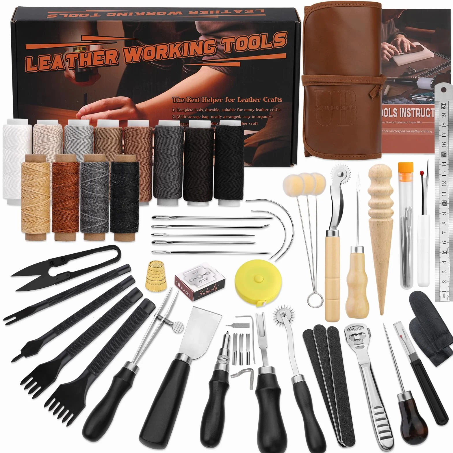 Benlay Herramientas de trabajo de cuero, herramientas de artesanía y accesorios, kit de herramientas de trabajo de cuero con bolsa enrollable y manual