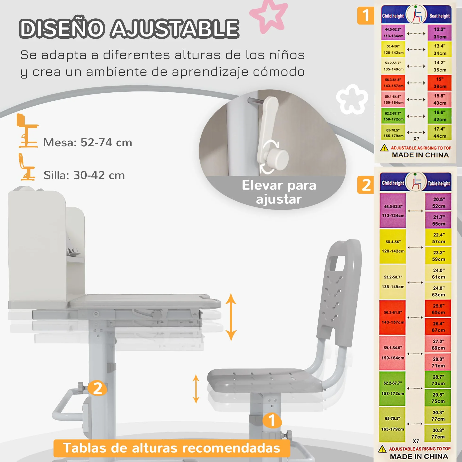 ZONEKIZ Juego de Escritorio y Silla para Niños 6-12 Años Pupitre Infantil Altura Ajustable con Cajón y Estante 80x54,5x82-104 cm Gris Blanco