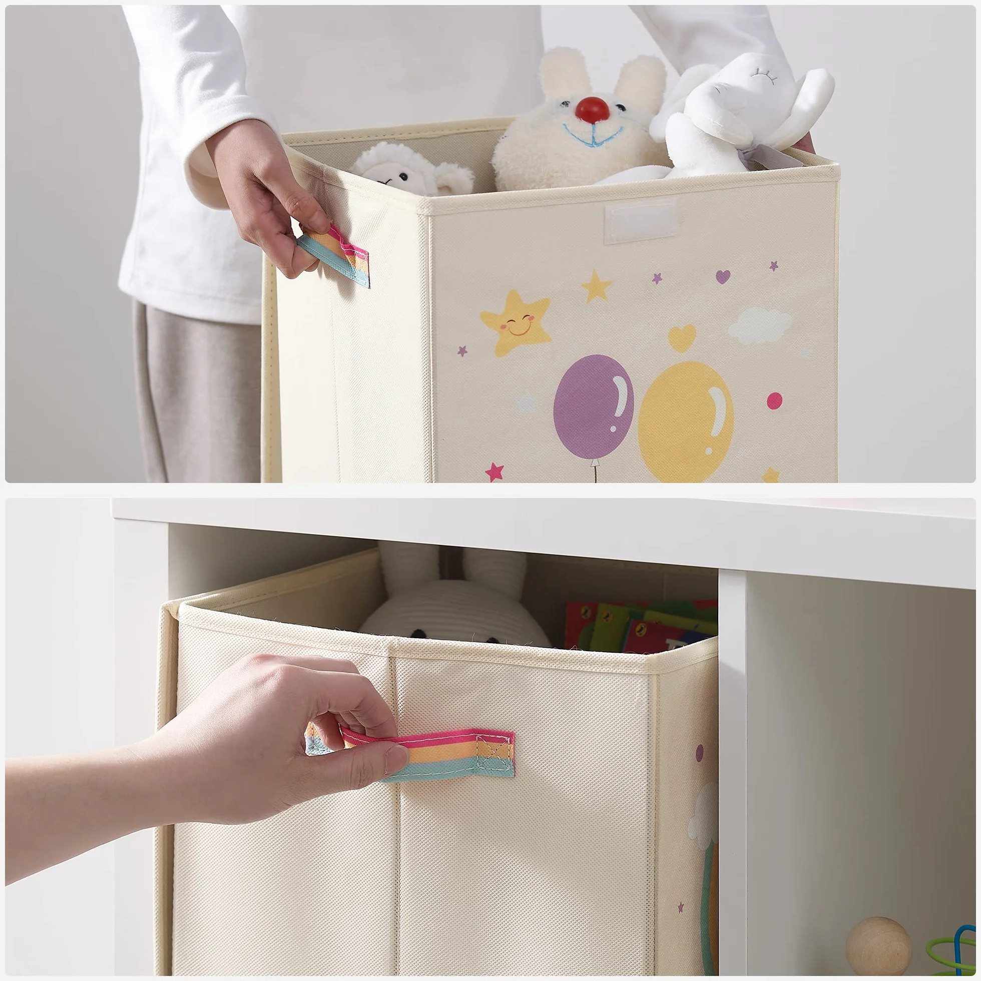 SONGMICS Juego de 3 Cajas de Almacenamiento con Tapa, Cubos Plegables 30x30x30 cm, Organizador de Juguetes, Beige