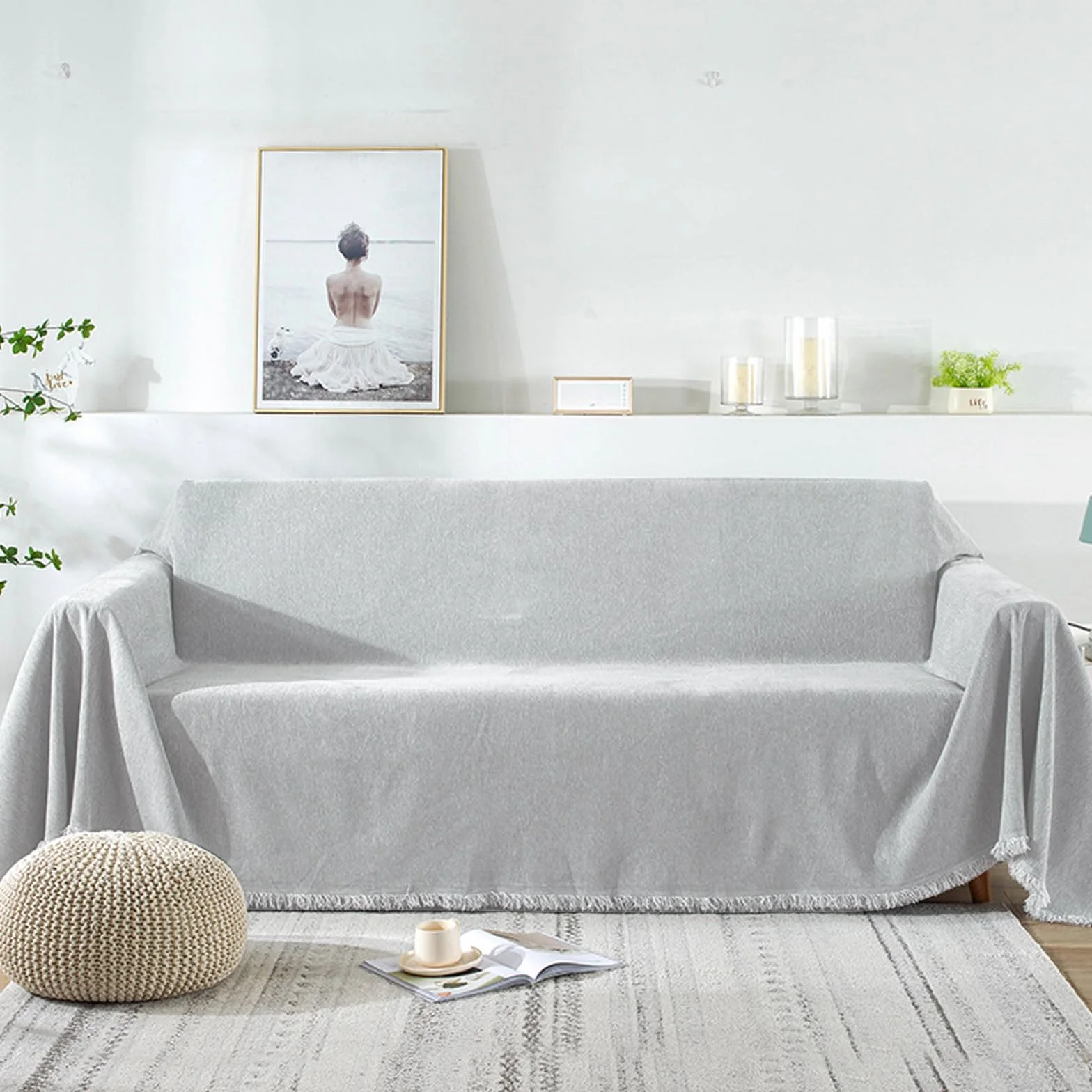 Súper Suave cómodo Manta Manta sofá Mantas Decorativas para sofás Dormitorio Sala de Estar Sencillo Diseño Multifuncional Super Grande Cálida Gruesa Alfombra de sofá 180 * 420cm Gris Claro