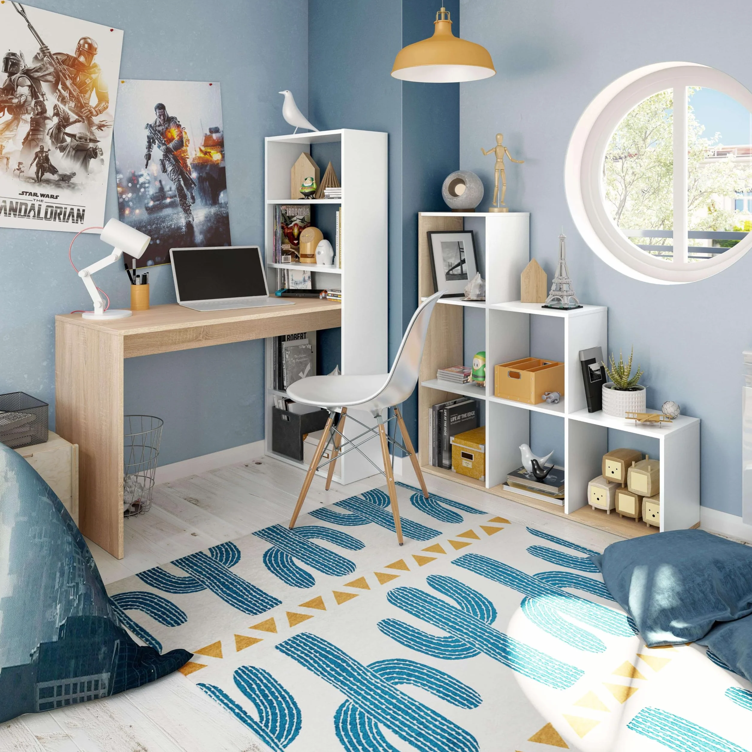 Miroytengo Escritorio Dormitorio Juvenil Duplo con Estantería Estilo Juvenil en Color Blanco Artik y Roble Canadian 120 cm