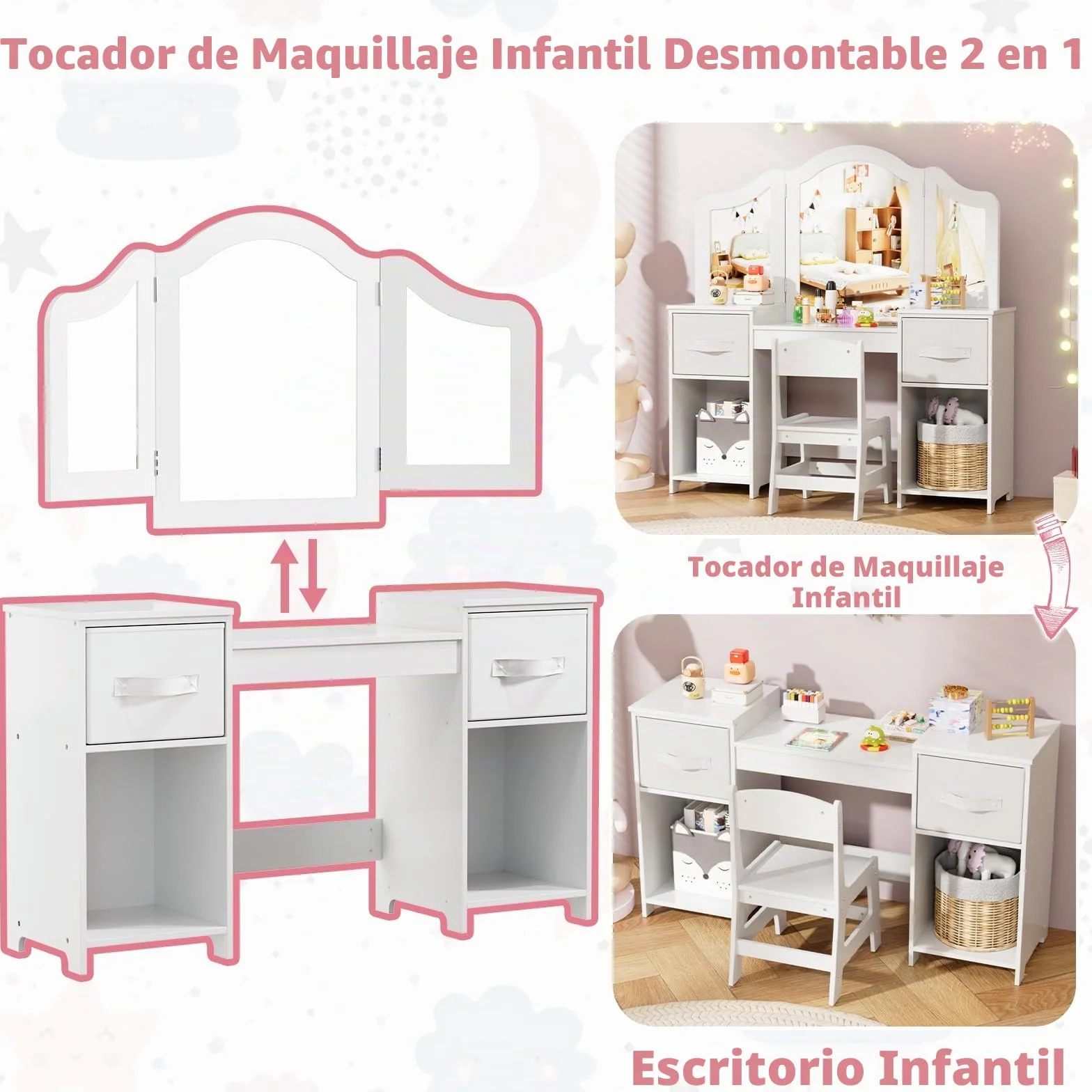 MAMIZO Tocador Infantil 2 en 1 con Espejo Extraíble, Madera Niña Escritorio con Taburete, Blanco 108x30x114 cm
