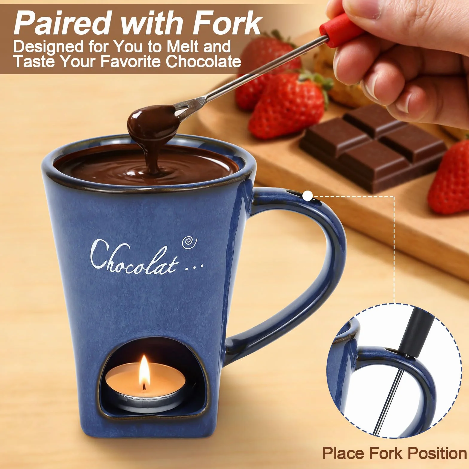 Juego de fondue de chocolate 130 ml de cerámica con tenedor