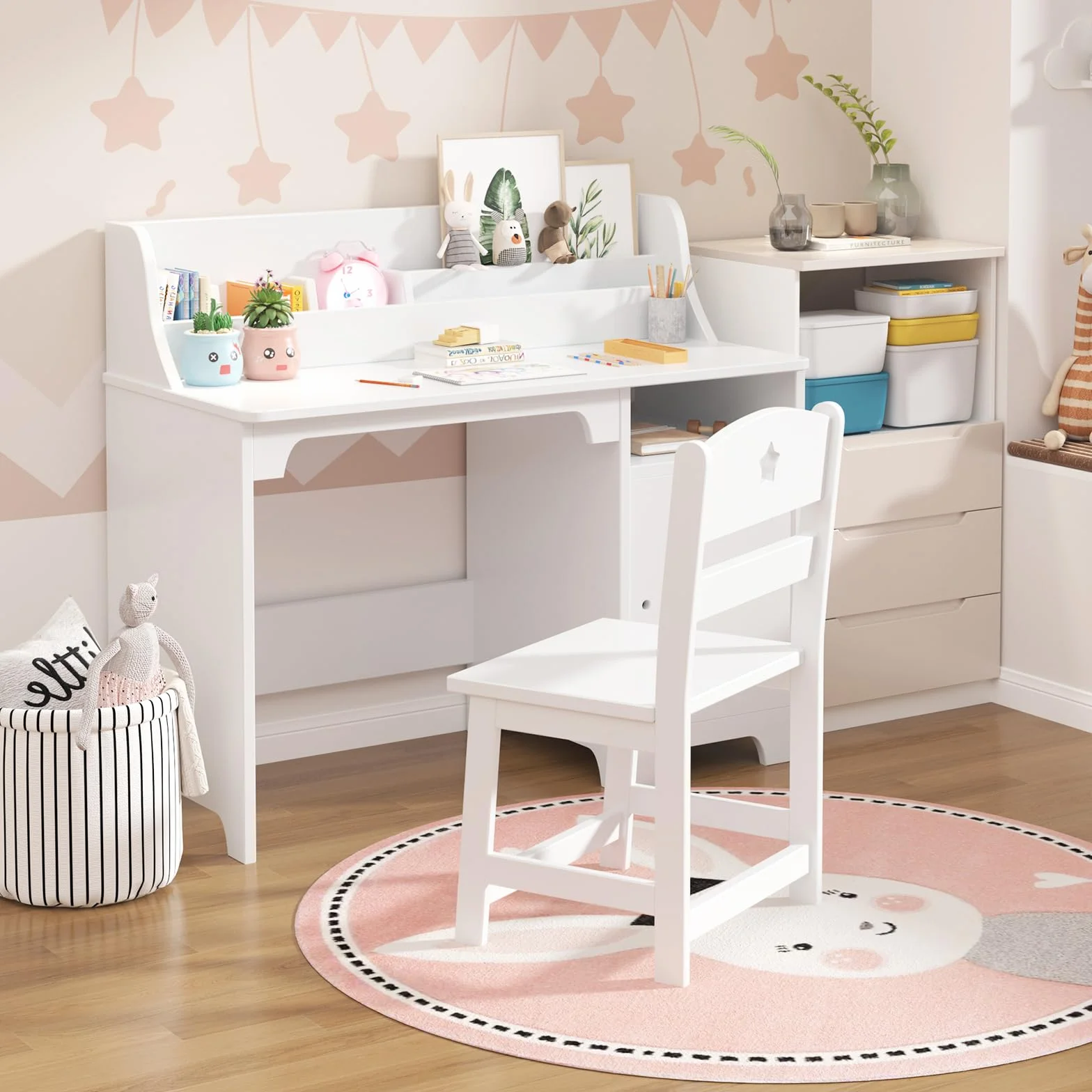 Garvee Escritorio de estudio para niños con silla, mesa de estudio de madera para niños con cabaña y armario de almacenamiento para niños y niñas de 3 a 12 años, escritorio de escritura para