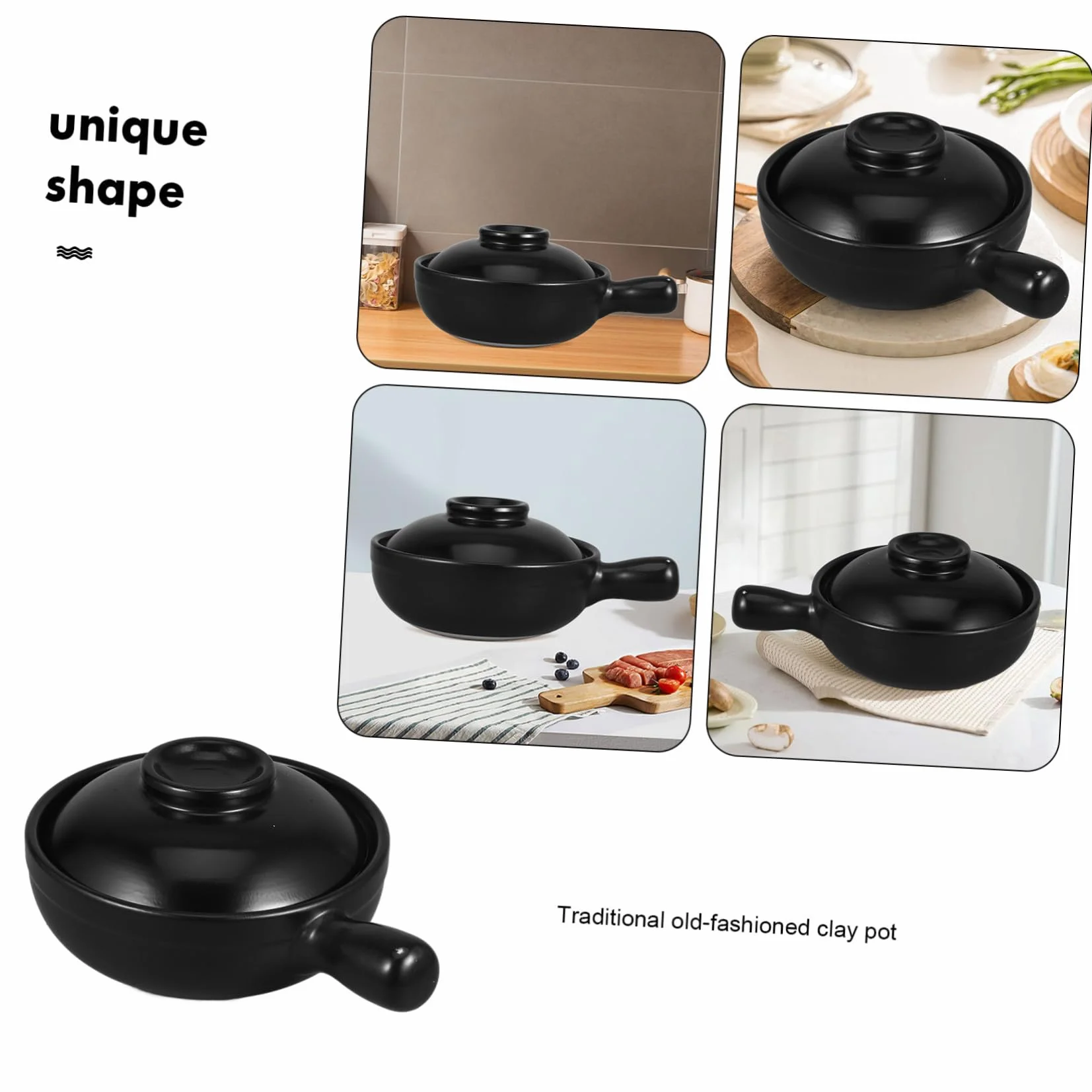 Cazuela de Barro Sola Asa 900ml con Tapa, Cerámica Negra | Recipiente Profundo para Gachas y Guisos, Uso Comercial y Microondas, Fácil de Limpiar