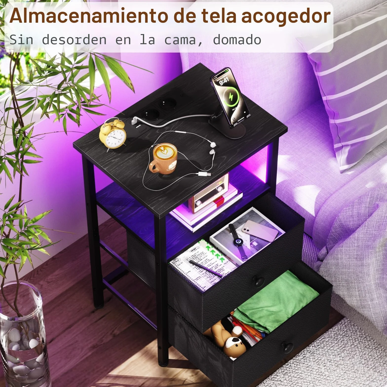 AMHANCIBLE Mesita de Noche, Mesitas de Noche con Estación de Carga, Mesa Auxiliar con 2 Cajones de Tela, 2 Tomas AC, 2 Puertos USB, Dormitorio, Salón, Estudio, Negro, EHETS02BK-1