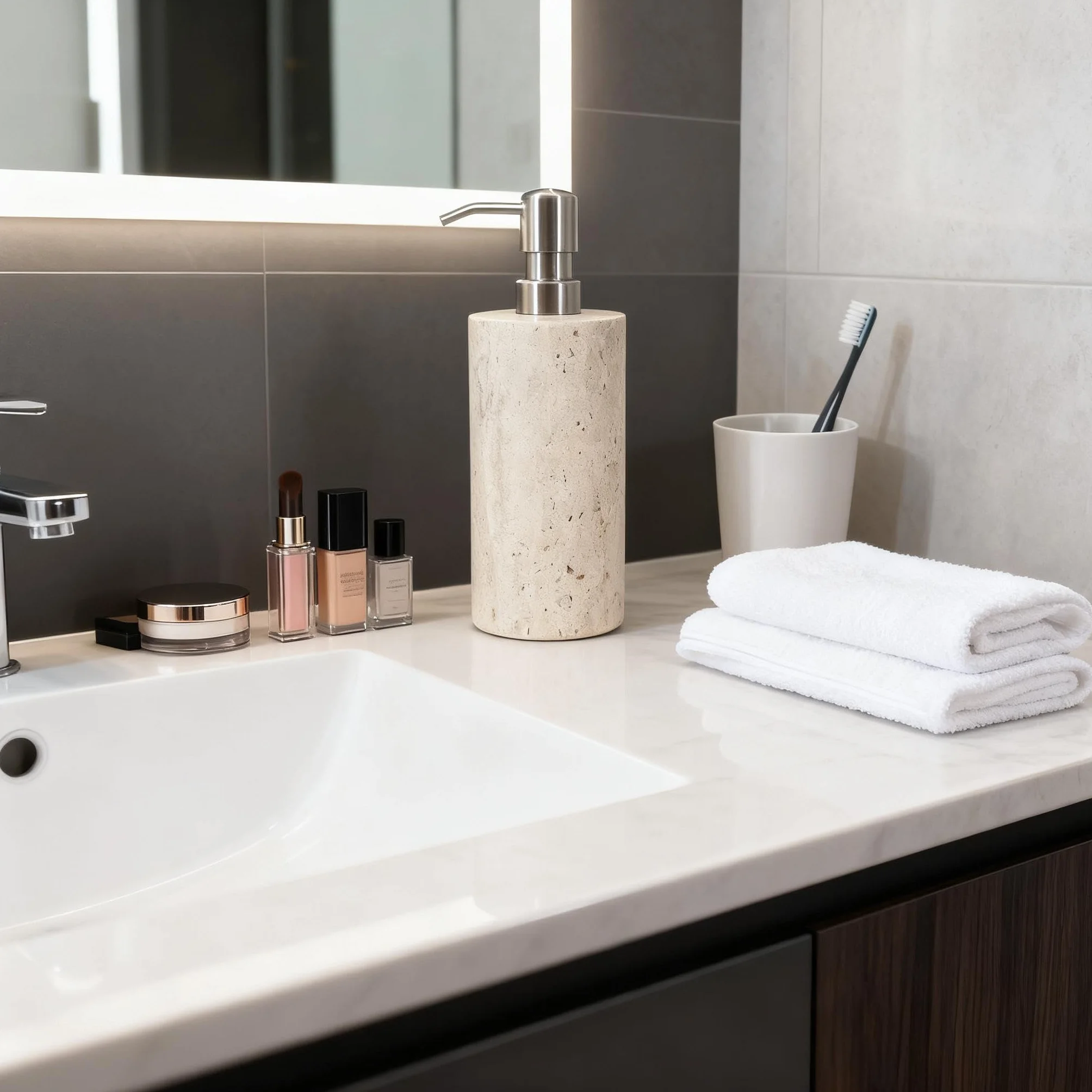Dispensador de jabón de mármol travertino natural con bomba de acero inoxidable, botellas de jabón líquido de loción de mármol para cocina y baño