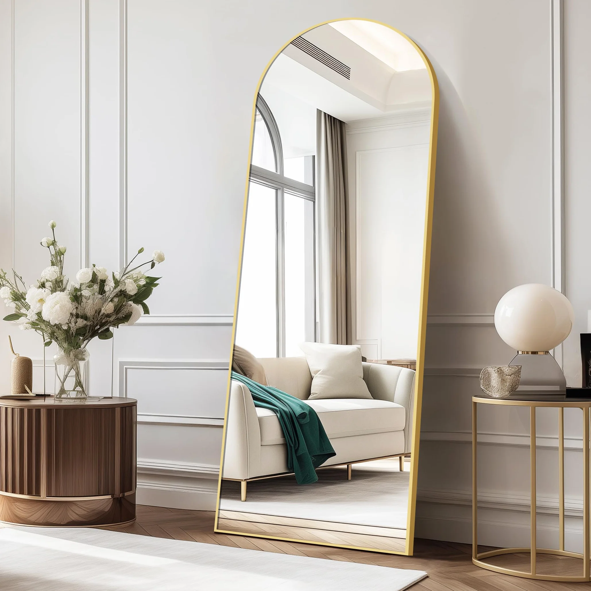 COFENY Espejo de Pie Cuerpo Entero Curvado, Espejos Grandes de Pared con Marco de Aluminio 161 x 52 cm, Espejo de Pie Inclinado o Colgante para Salón, Dormitorio, Entrada, Dorado
