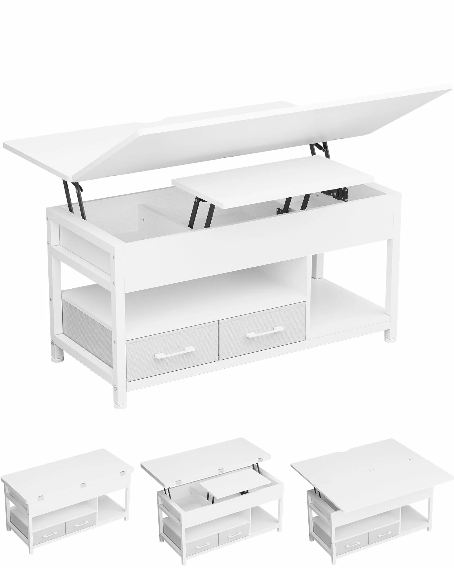Mesa de Centro de Altura Ajustable, 3 en 1, Multifunción, Mesa de Salón, Mesas de Café con 2 Cajones, Almacenamiento Oculto, Compartimento Abierto, Mesas de Comedor, Sala de Estar, Oficina (Blanco)