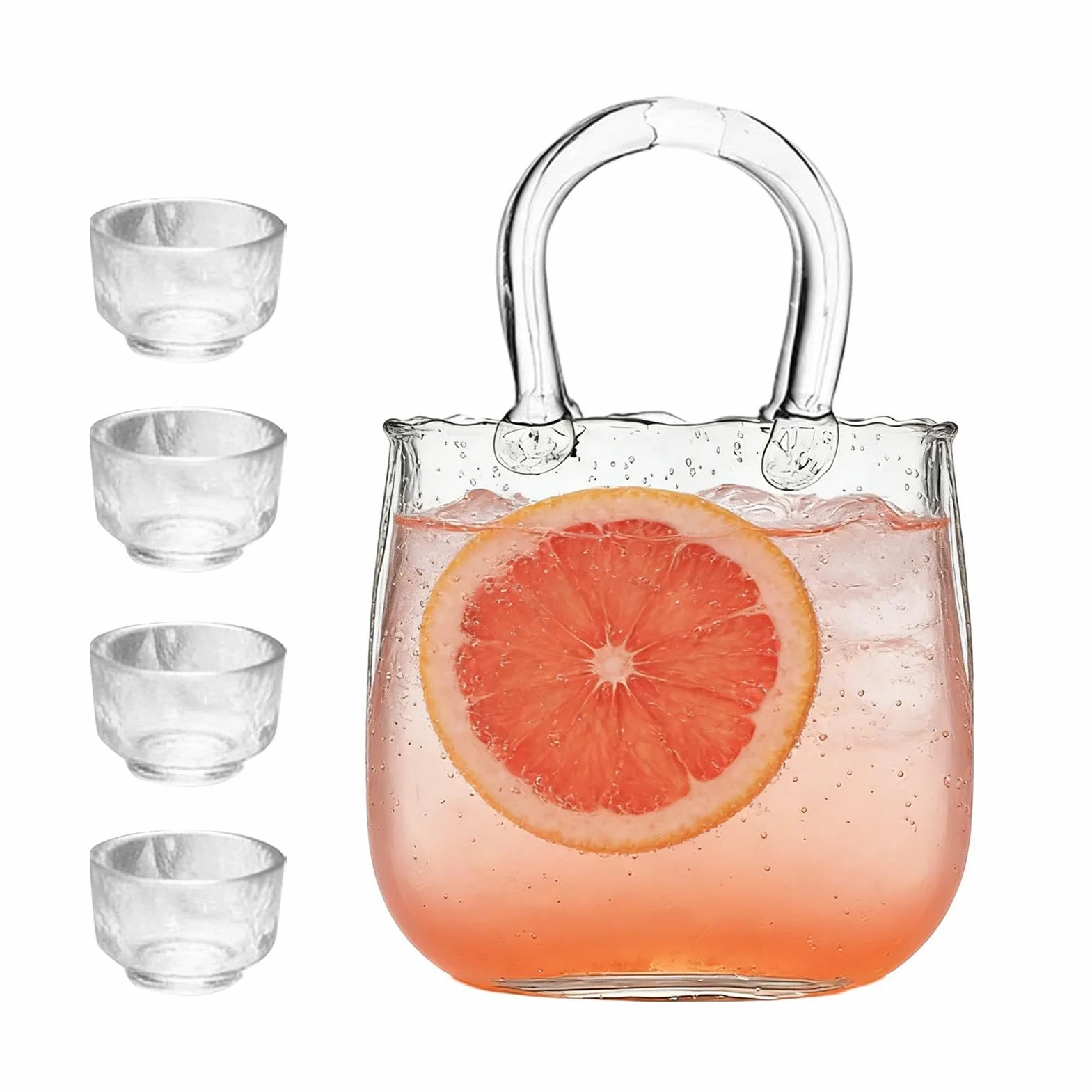 Genérico Vasos de Agua 2340 ml Vaso Transparente con Forma de Bolso y 4 | Incluye 4 Vasos Pequeños para , Bodas, Brunch, Té de la Tarde, Reuniones, Cumpleaños, Hogar y Cocina