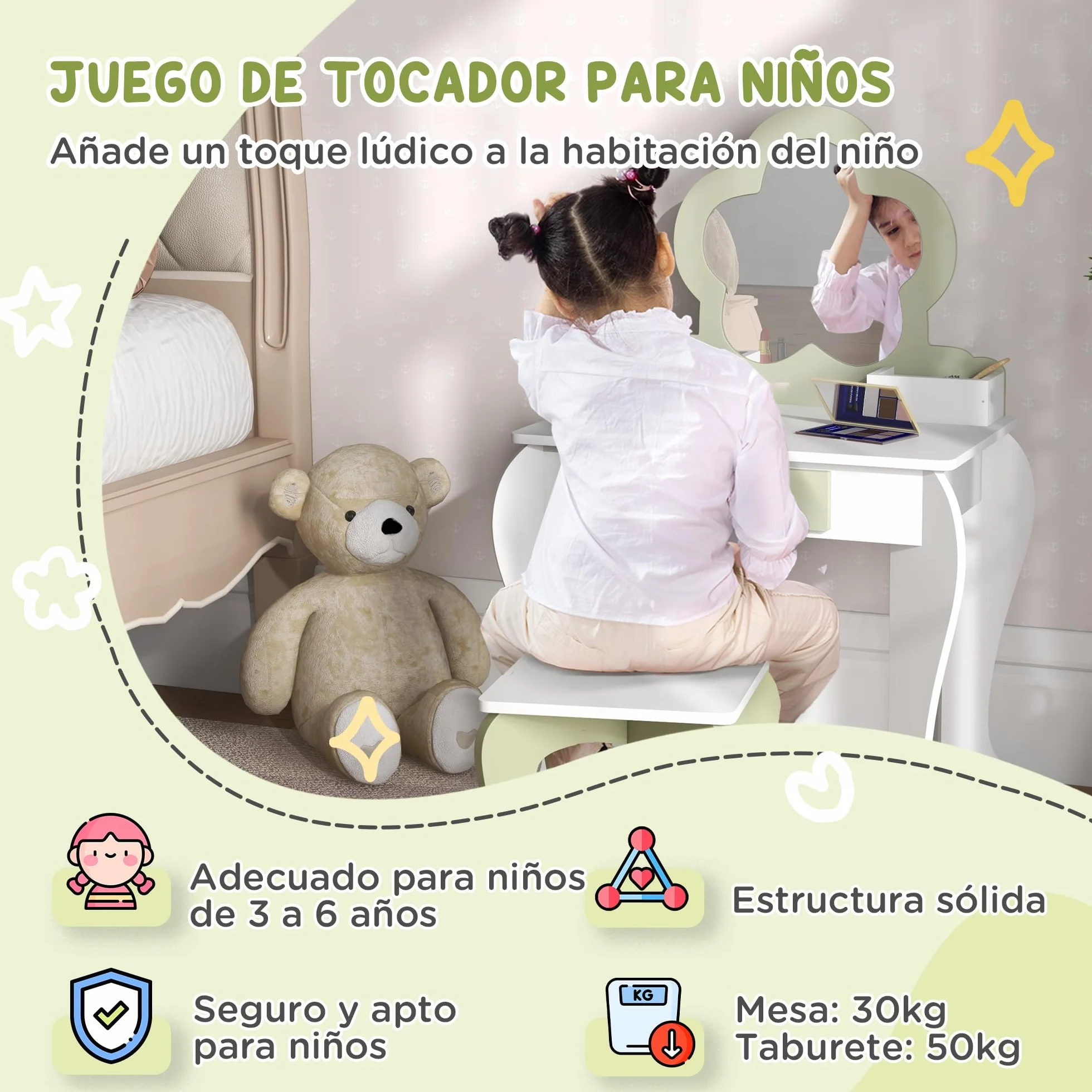 ZONEKIZ Tocador para Niñas con Espejo y Taburete Maquillaje 3-6 Años 2 Cajas 1 Cajón 55x34x87,5 cm Blanco Verde Pastel