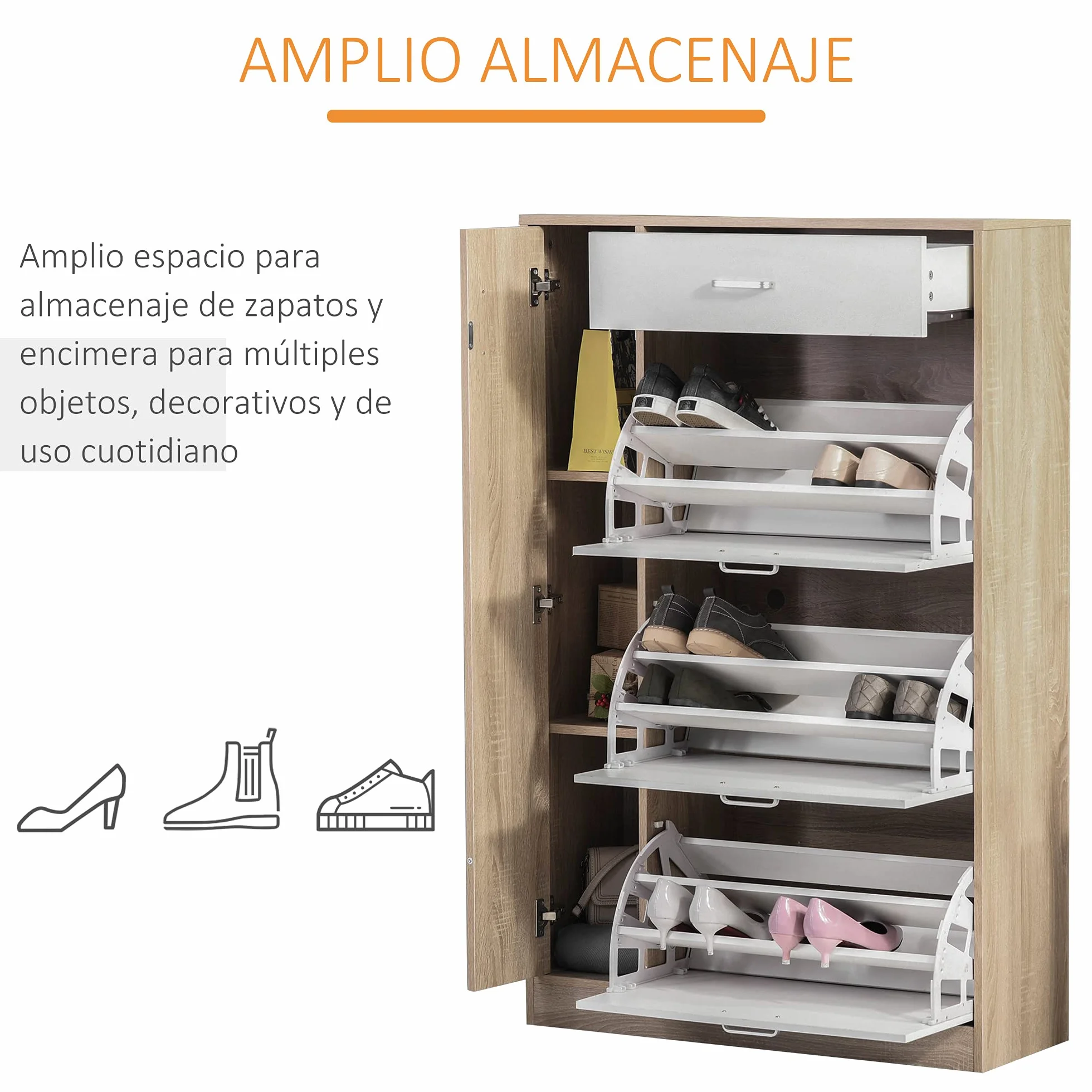 HOMCOM Mueble Zapatero de 3 Puertas para 18-27 Pares de Zapatos Zapatero Moderno con Cajón y Puerta para Salón Entrada Dormitorio 84x30x132 cm Natural