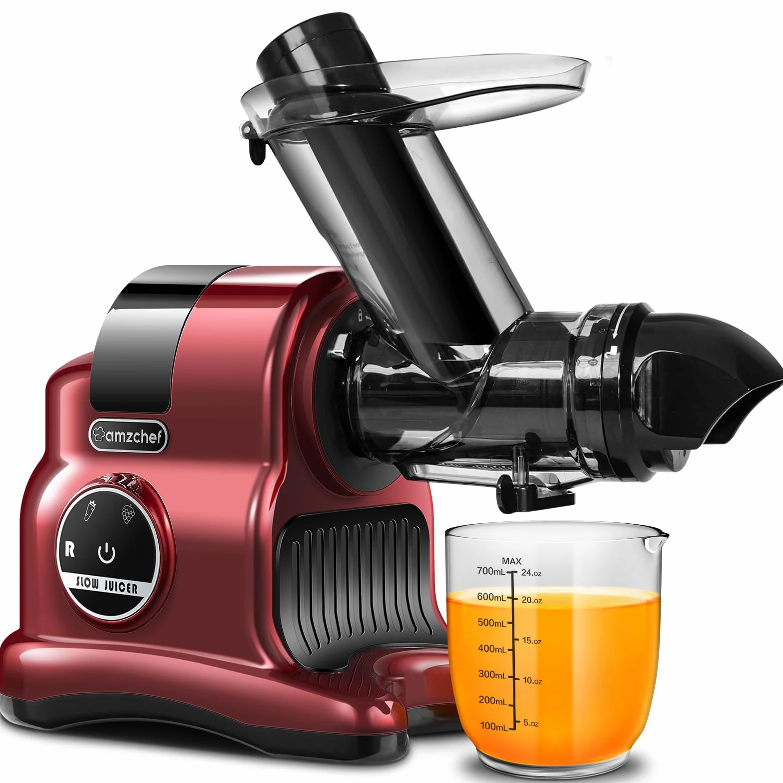 AMZCHEF 80MM Exprimidor grande - exprimidor lento con 2 velocidades y función de rebobinado - Exprimidor de 150 W para verduras y frutas enteras Test Winner -Rojo