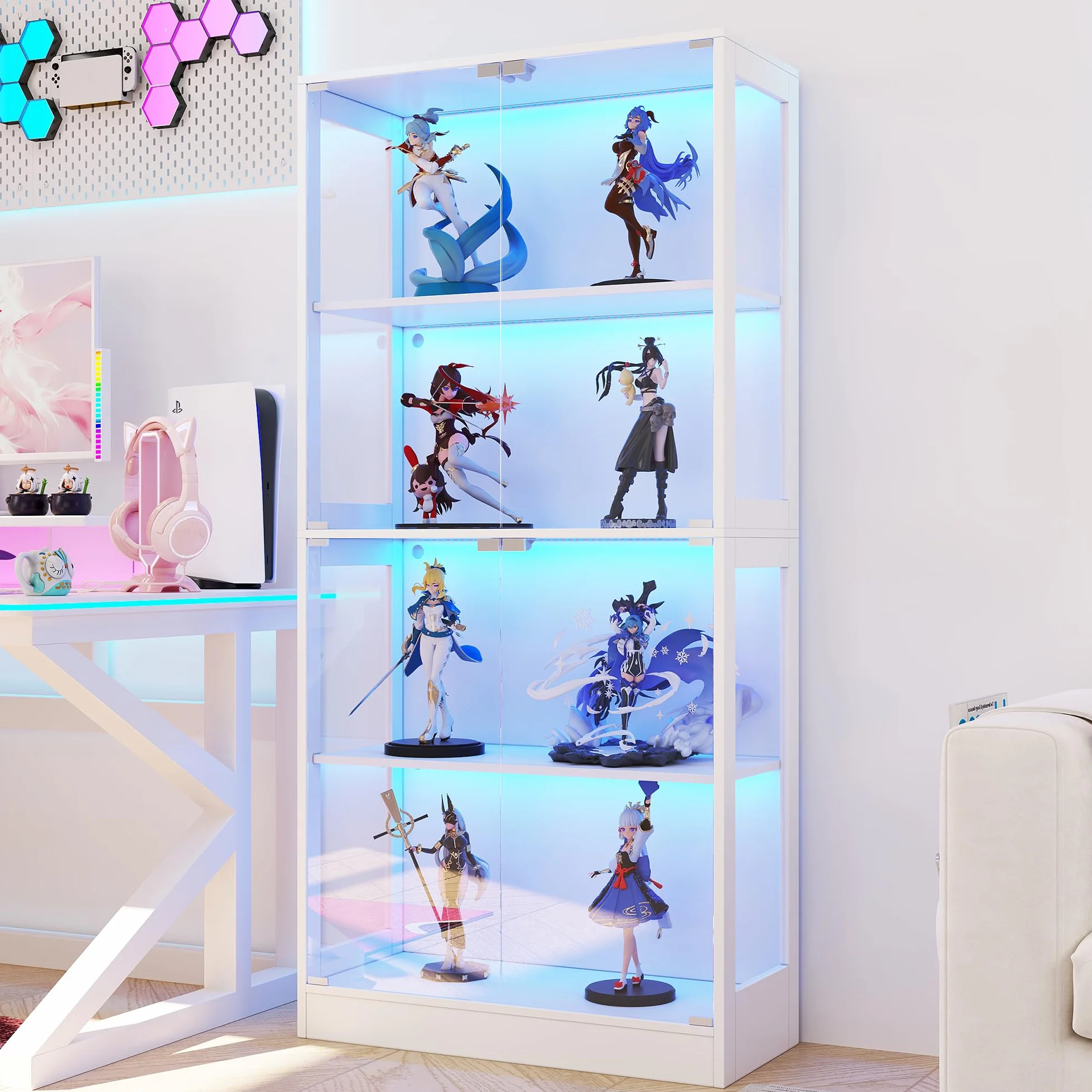 Soweiz Vitrina LED de cristal transparente, 4 niveles de almacenamiento, luz LED controlada por aplicación, puertas push to abiertas, vitrina para figuras y modelos (blanco, 80 x 35 x 170 cm)