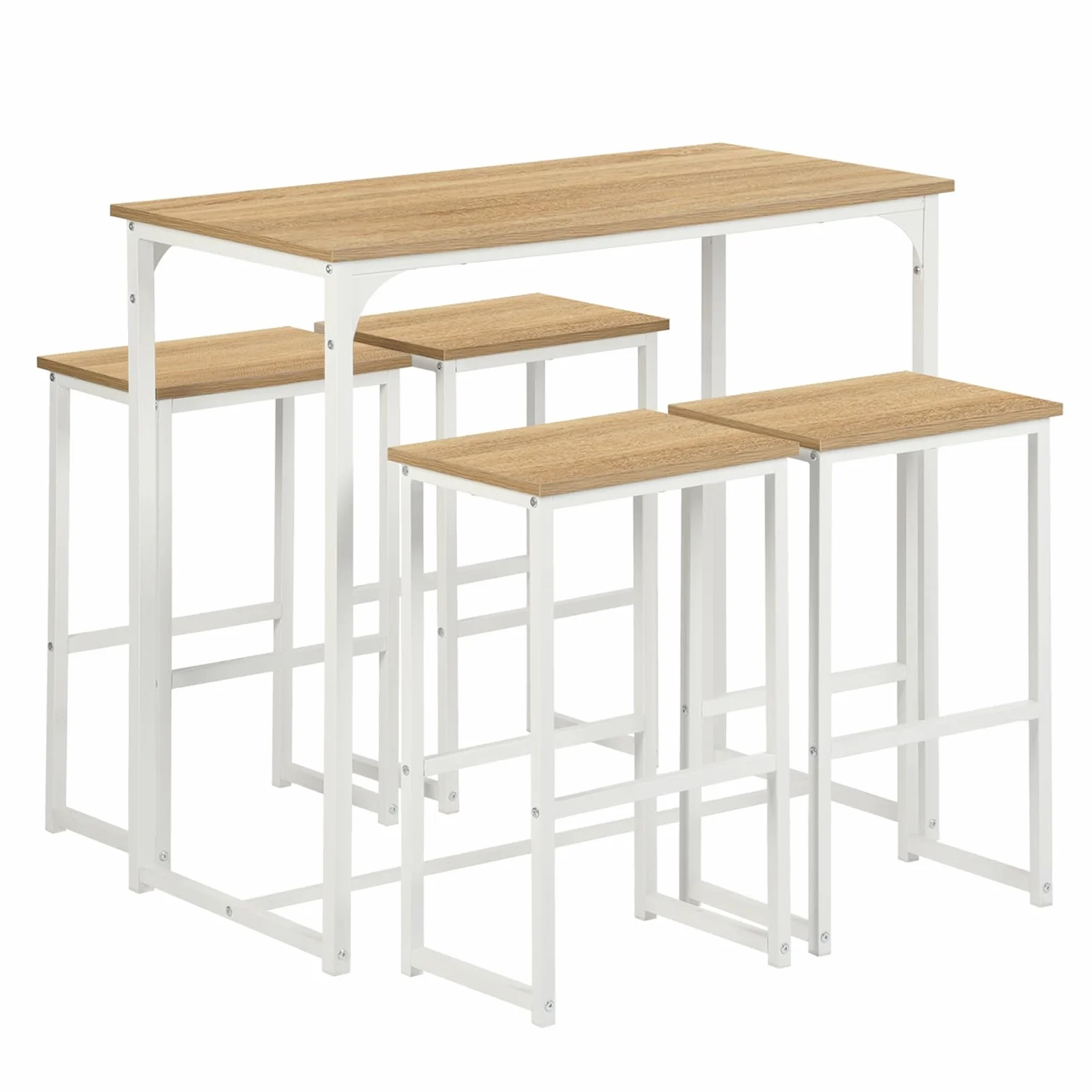 Mesa Alta Cocina con Taburetes, Conjunto Mesa y Sillas Comedor, Adecuada para Cocina, Comedor, Bar, Mesa de Bar 100 × 50 × 90 CM, 4 Taburetes 30 × 40 × 65 CM, Blanco