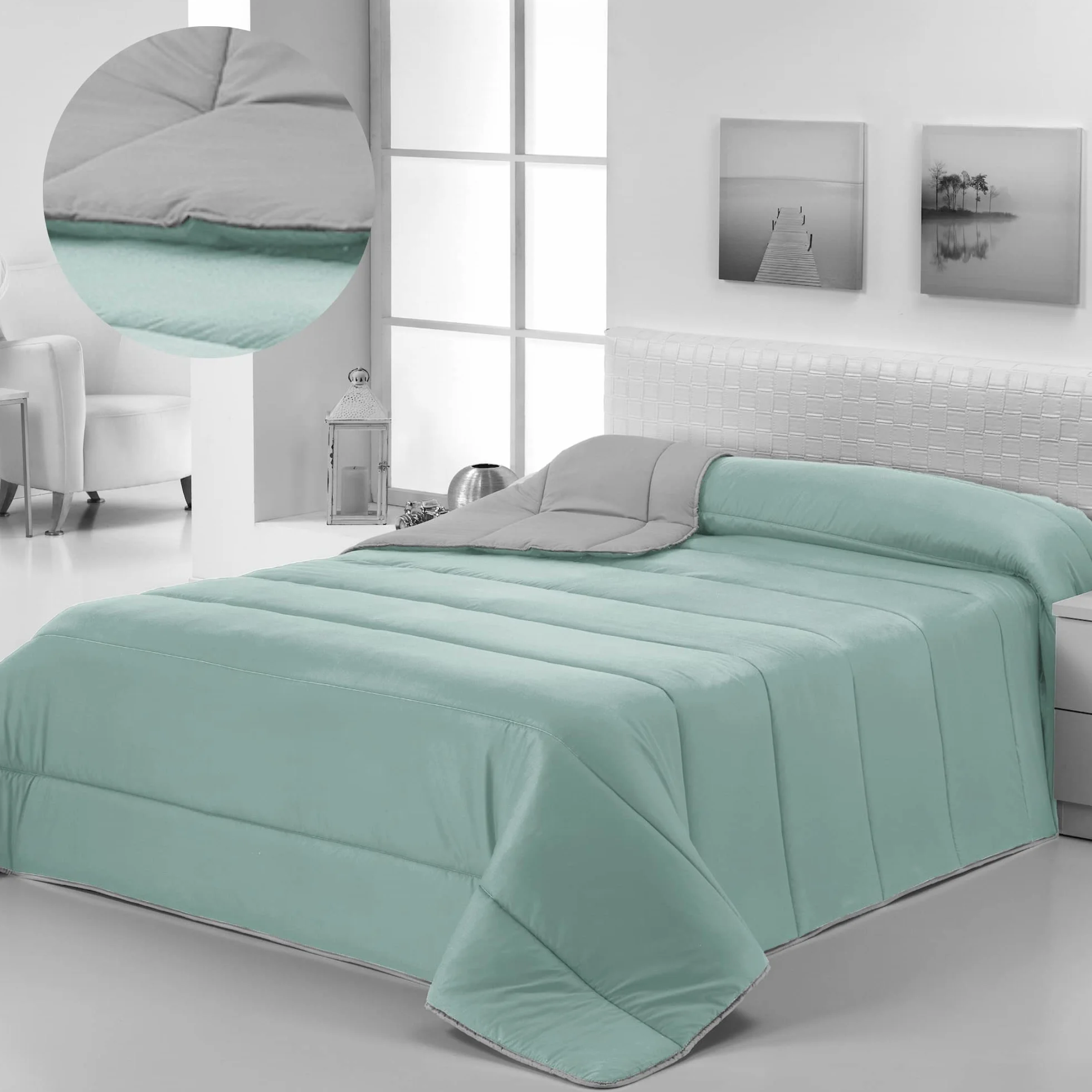 Donegal Collections - Edredón Nórdico Bicolor Reversible Cama 150/160 cm Color Aqua/Gris. Edredón de Fibra 350 g /m3, Ligero, Tacto Suave, Transpirable Otoño/Invierno