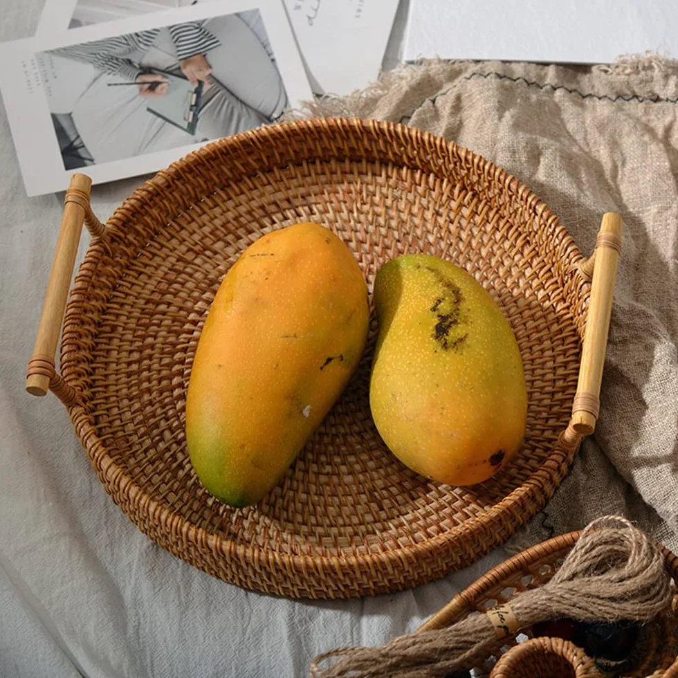Cestas de Almacenamiento, Bandeja de Cestas Cesta de Mimbre Cesta de Picnic Tejida de Sauce Bandeja de Almacenamiento de ratán Tejida a Mano con Mango de Madera Bandejas de té (Color : A, Size : One S