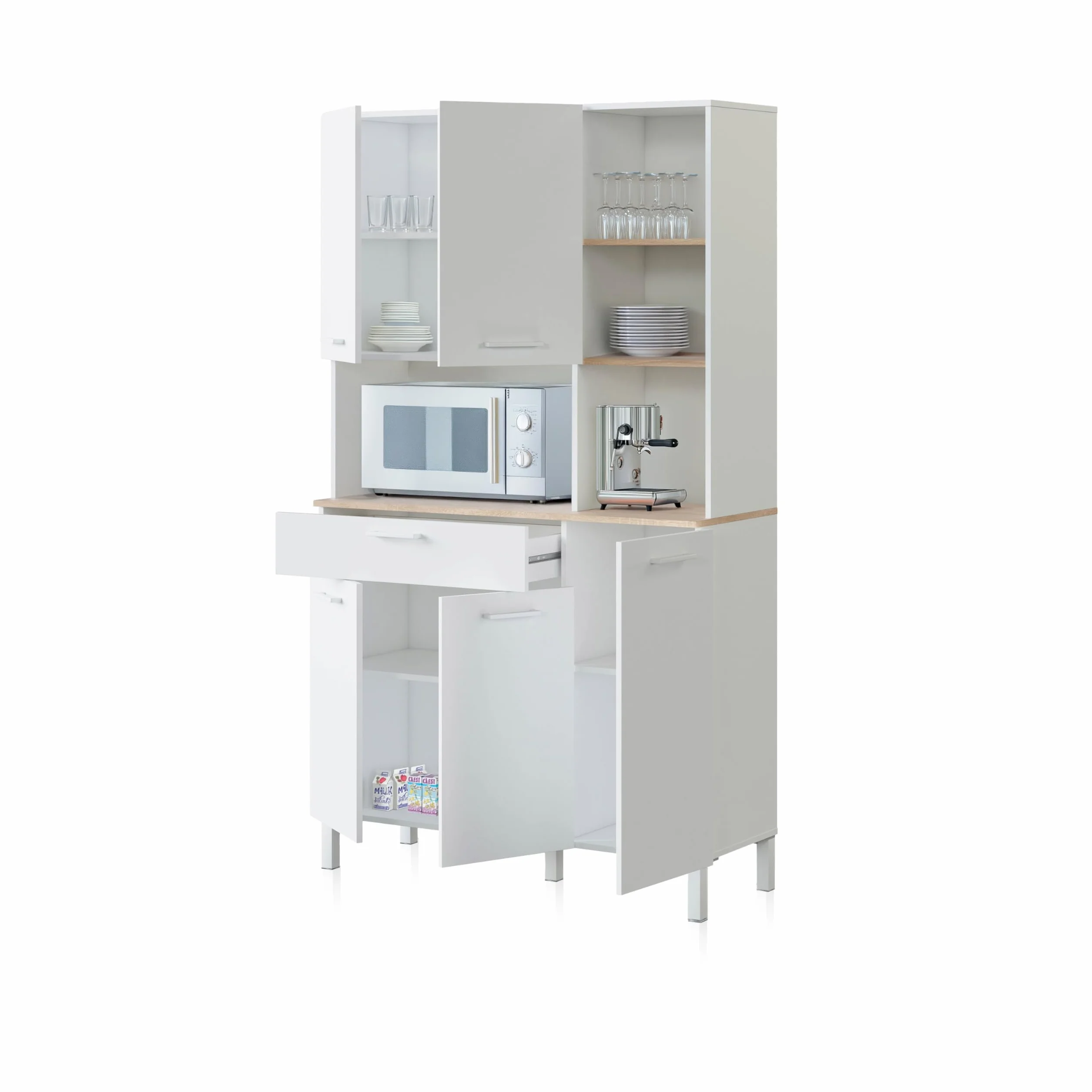 duehome | Alacena de Cocina, Mueble Auxiliar 5 Puertas + 1 Cajon y Estante Interior, Modelo Colin, Acabado en Blanco Artik y Roble Canadian, Medidas: 108 cm (Ancho) x 186 cm (Alto) x 40 cm (Fondo)