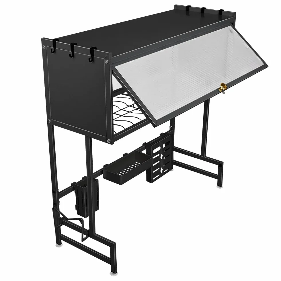 WODFARR - Escurridor de platos de 2 plantas sobre el fregadero, soporte para utensilios de cocina, acero al carbono, soporte de goteo, soporte para tablas de cortar (75 x 30 x 78 cm), color negro