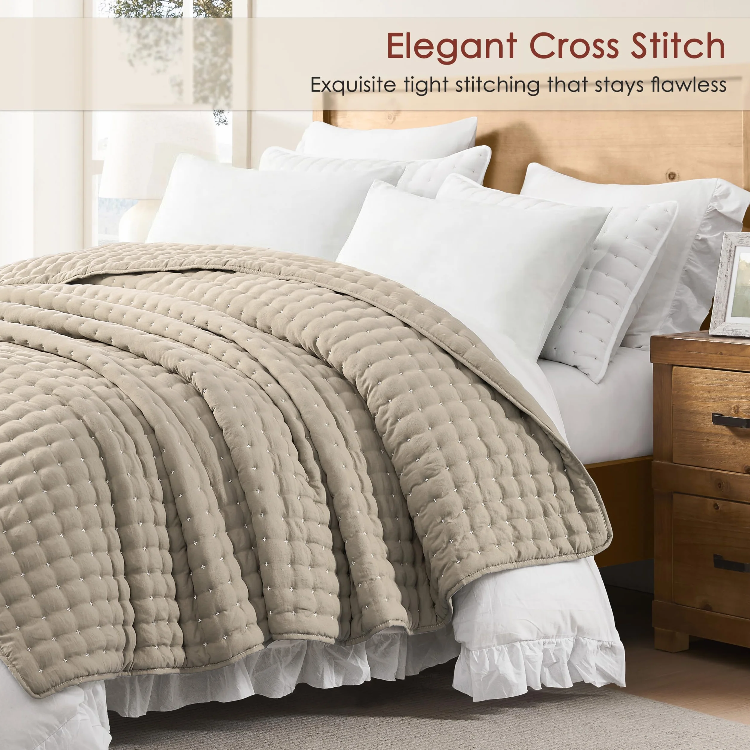 R.SHARE Colcha Verano Cama 180/200, 300x270cm Beige Colcha Bouti Cama Primavera, Cubrecama Ligera Acolchada para Cama o Sofá Suave y Transpirable, Edredón Verano Todo el Año (sin Funda de Almohada)