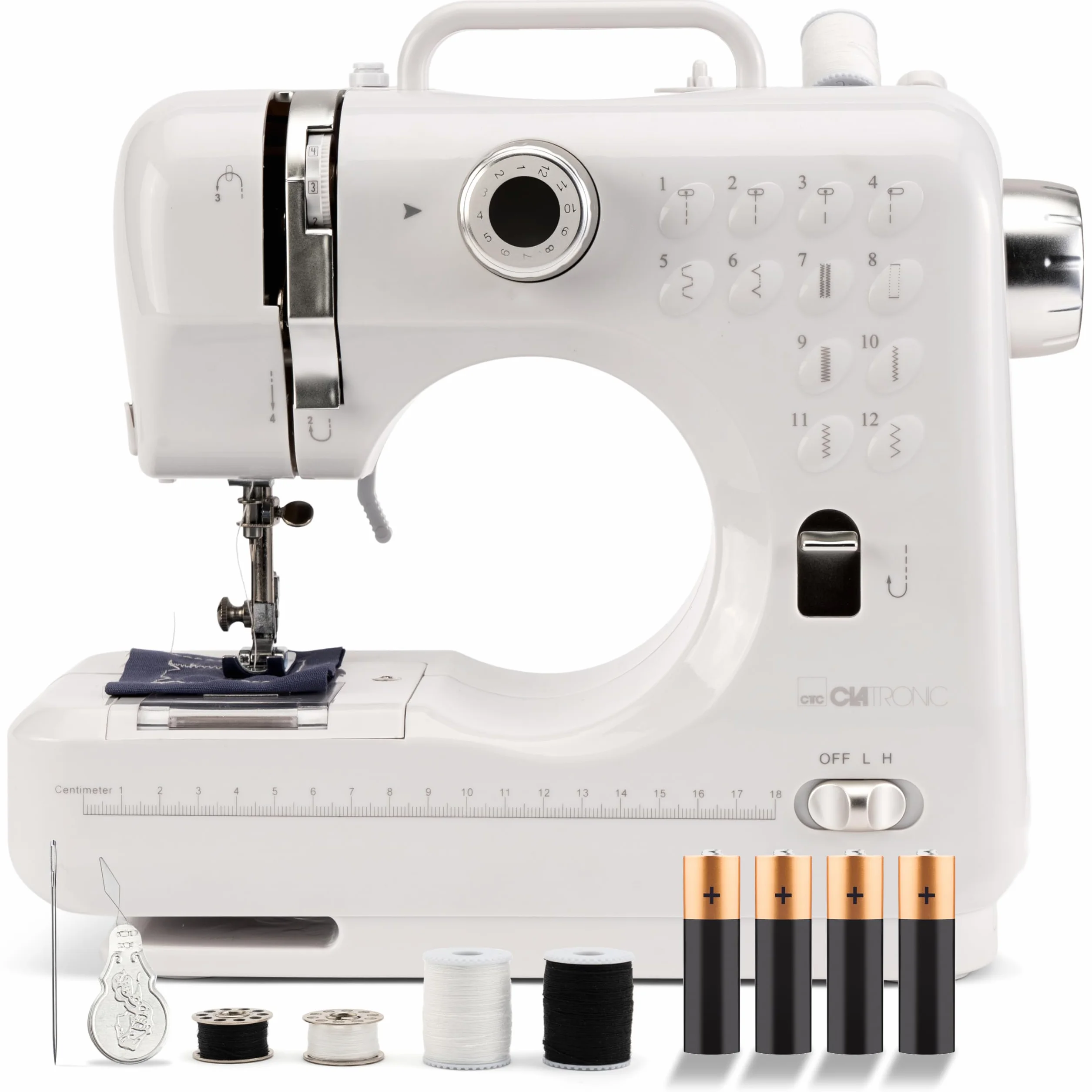 Clatronic Máquina de coser NM 3795 NM 3795 NM NM 3795 NM NM 3795 con 12 patrones de puntada, máquina de coser con función de costura delantera y trasera y 2 velocidades, funciona con baterías o red
