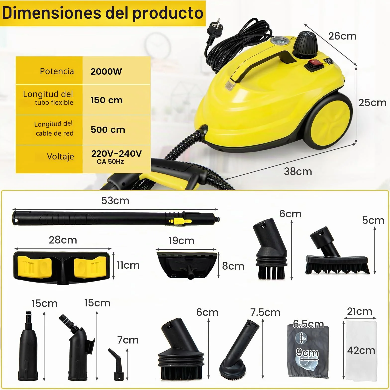 RELAX4LIFE Limpiador a vapor, Presión de vapor: 5 bar, Potencia: 2000 W, Superficie de limpieza: 108 m², Capacidad del tanque: 1,8 L, Tiempo de calentamiento: 8 min., con juego de limpieza para suelos